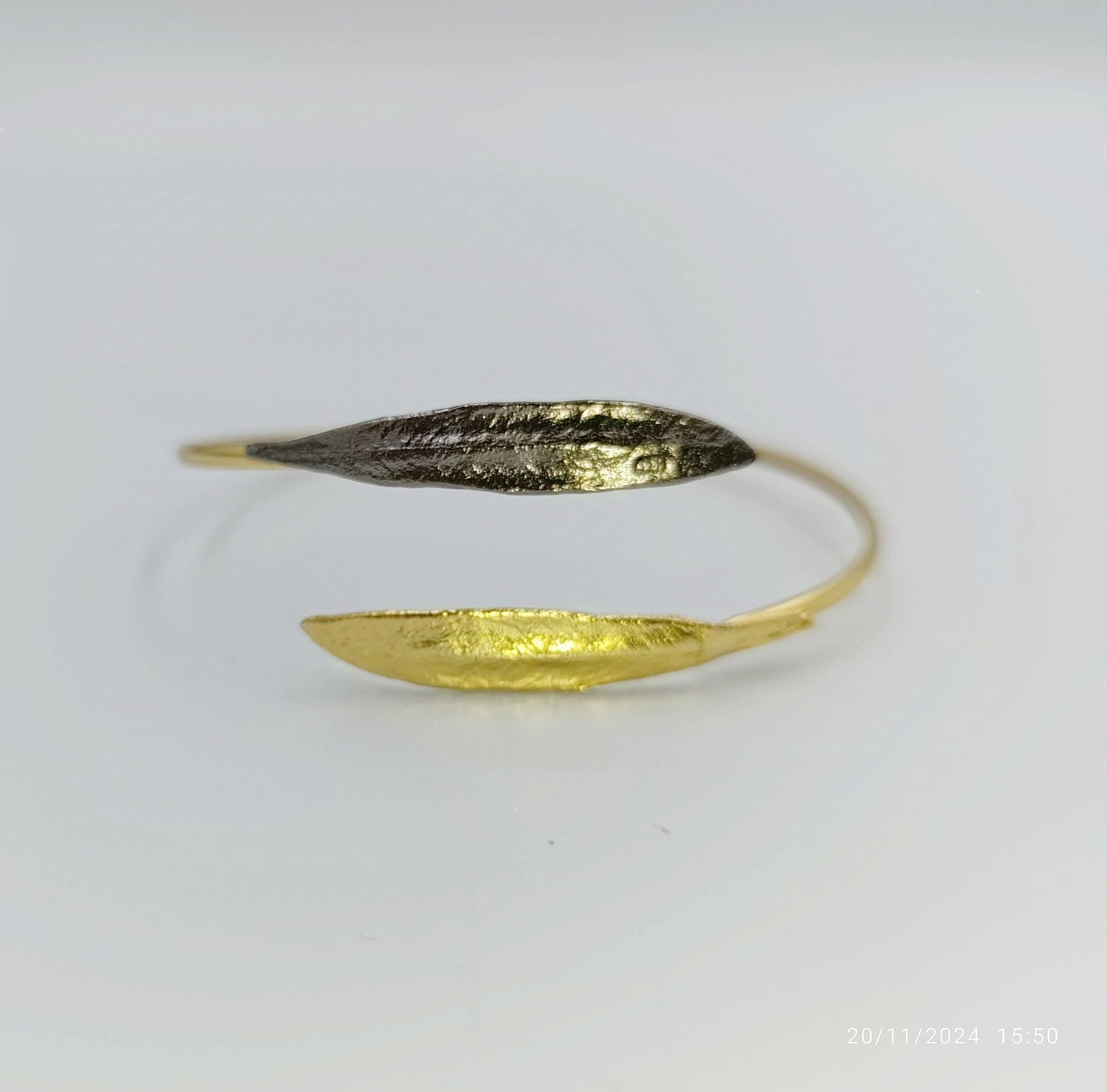 Minimalist Olive Leaves Cuff, Handmade Nature Jewelry, Symbolic Gold Bracelet, Gift for Longevity and Luck, Sterling Silver 925.