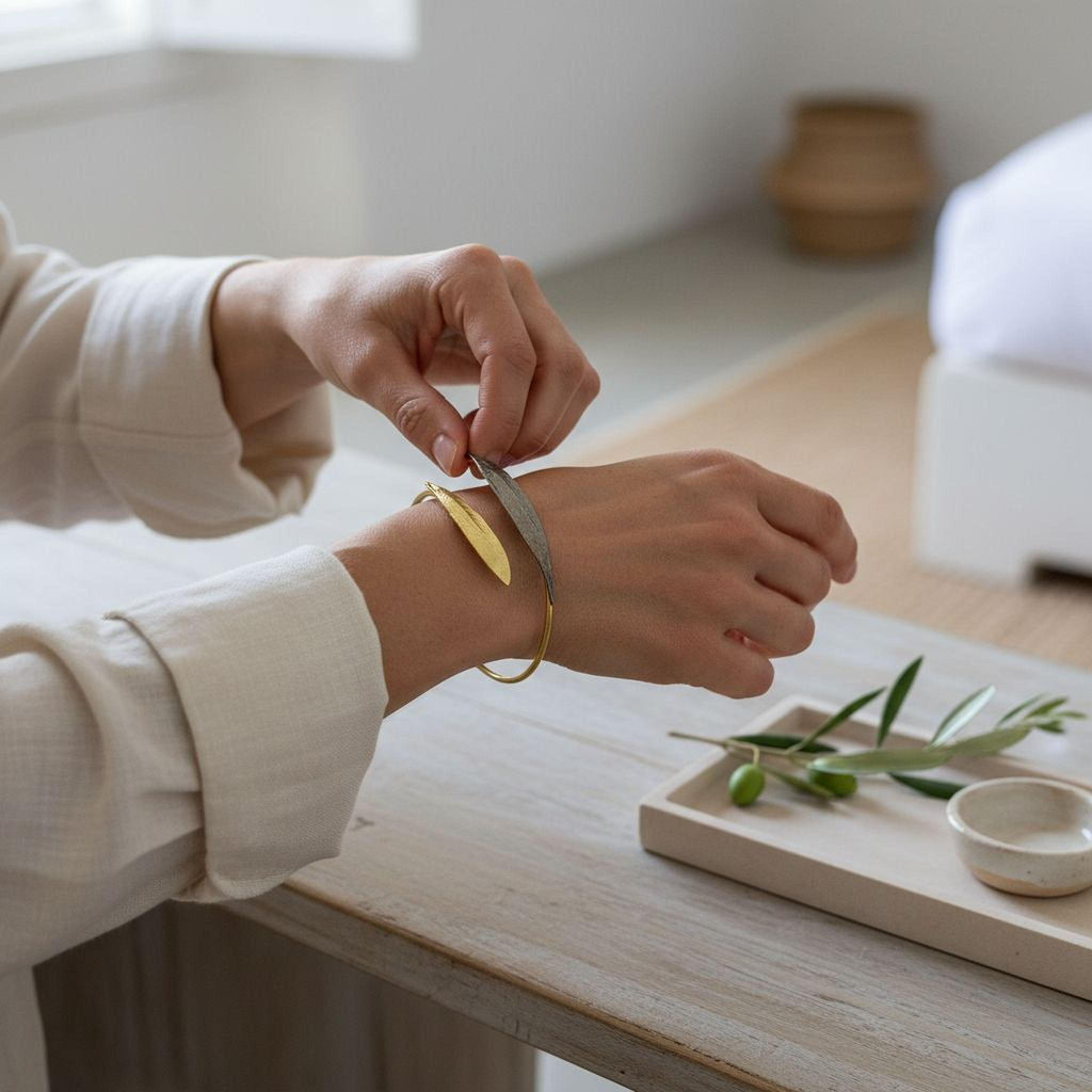 Minimalist Olive Leaves Cuff, Handmade Nature Jewelry, Symbolic Gold Bracelet, Gift for Longevity and Luck, Sterling Silver 925.