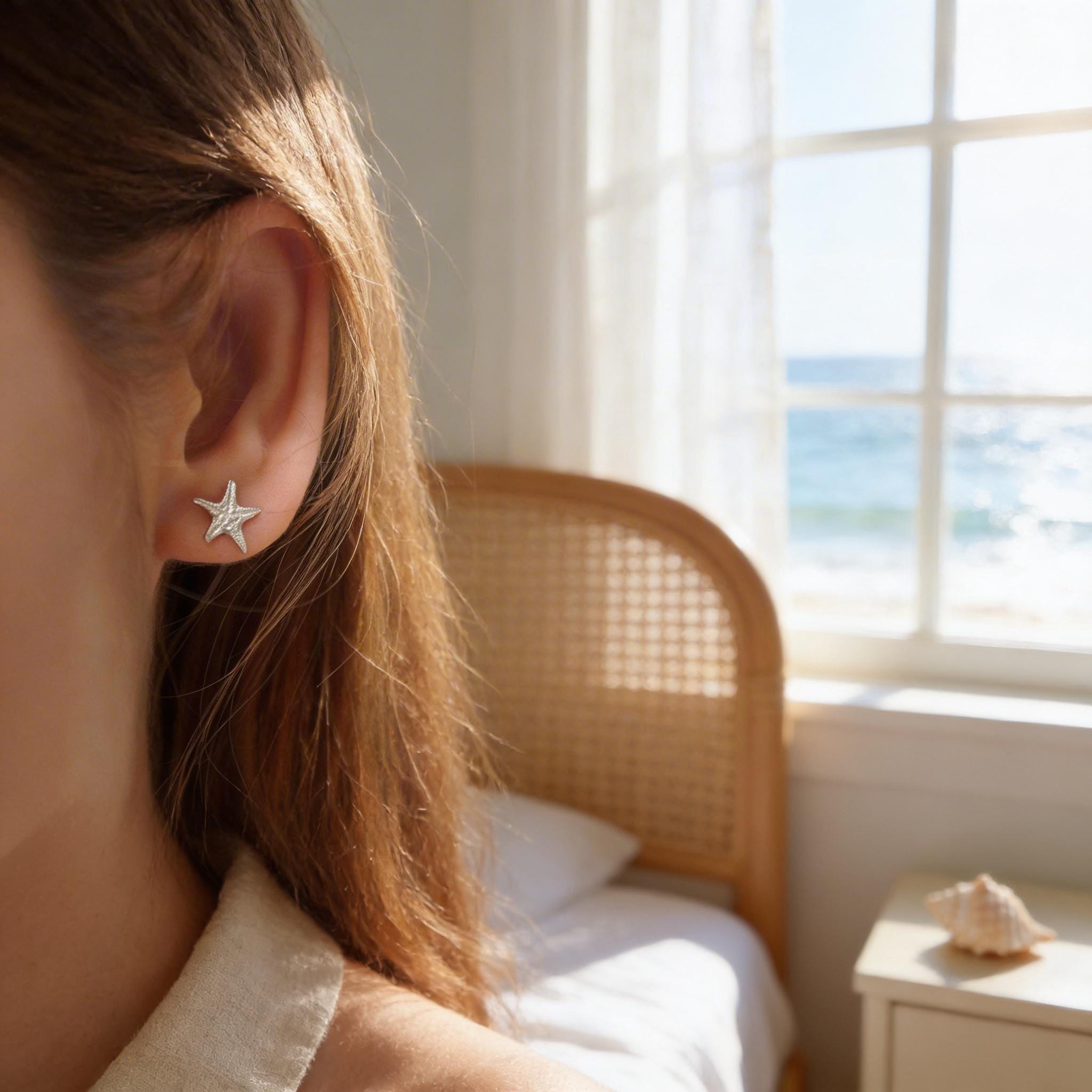 Real Starfish Stud Earrings, Handmade Minimalist Jewelry, Organic Summer Beach Fashion, Gift for Luck, Gold or Sterling Silver 925