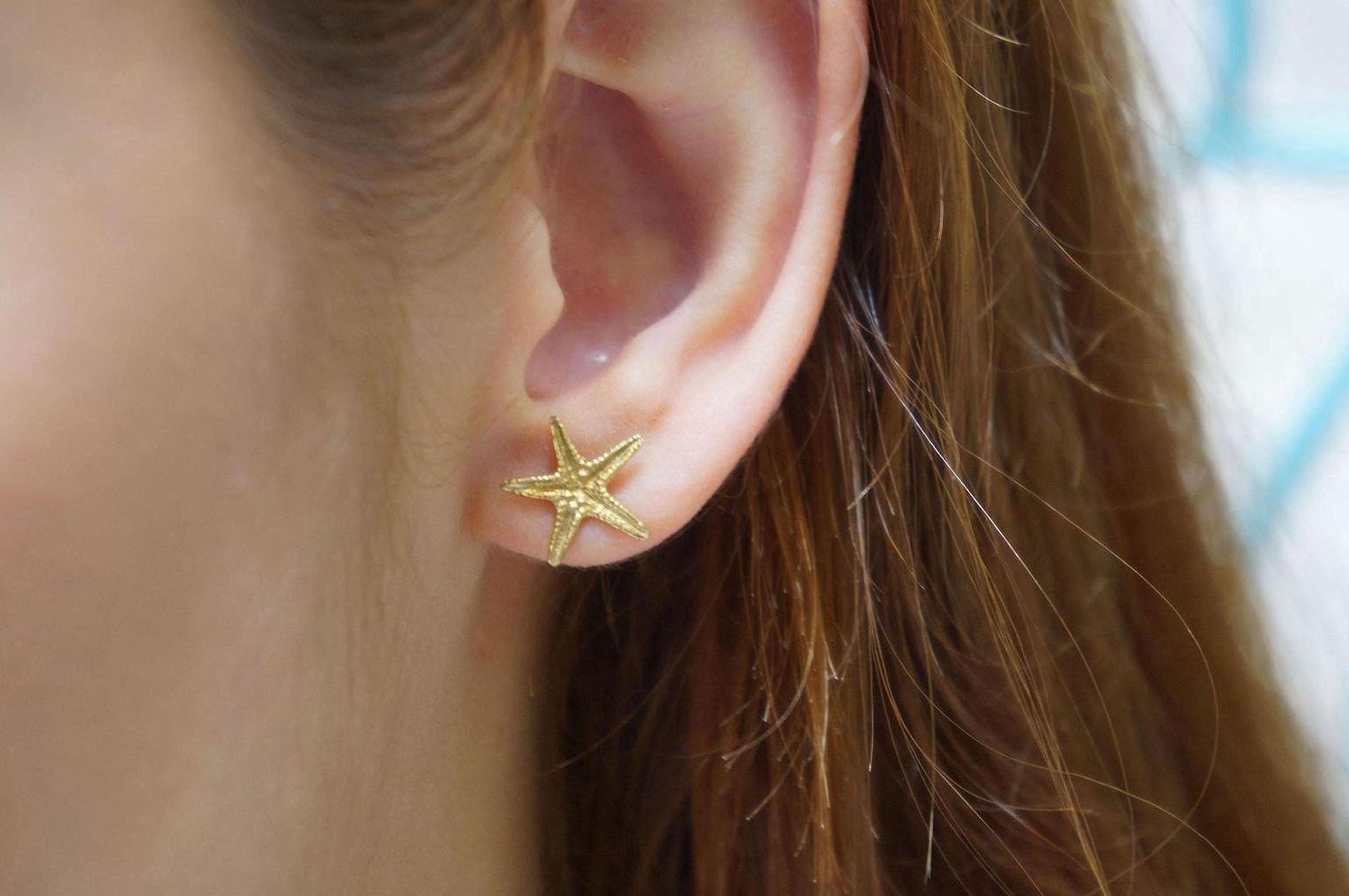 Real Starfish Stud Earrings, Handmade Minimalist Jewelry, Organic Summer Beach Fashion, Gift for Luck, Gold or Sterling Silver 925