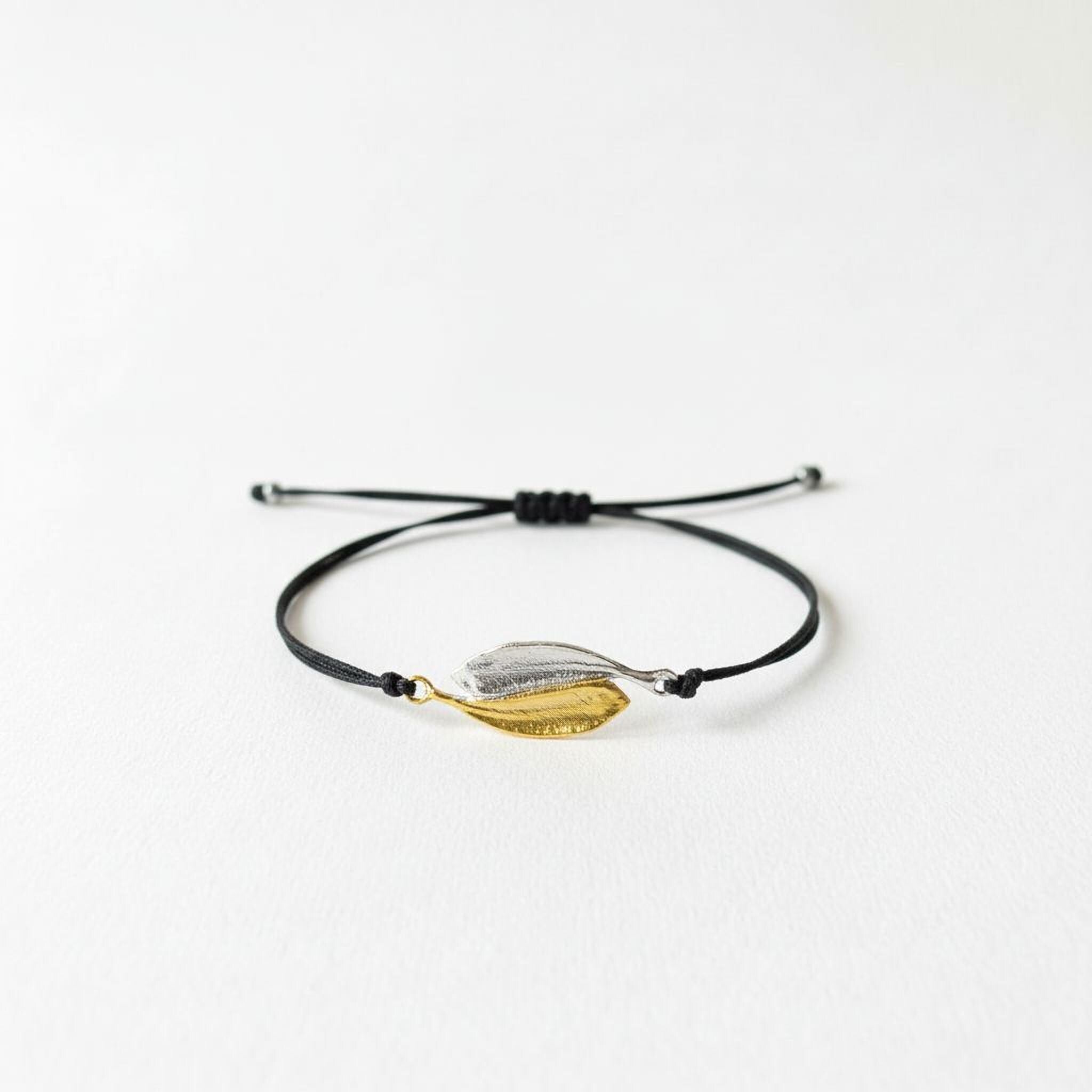 Two tones Sterling silver 925 Adjustable Woven & Braided Bracelet, made from Two real Olive leaves. Makes Yin-Yang