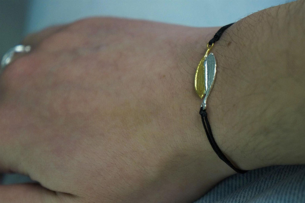 Two tones Sterling silver 925 Adjustable Woven & Braided Bracelet, made from Two real Olive leaves. Makes Yin-Yang