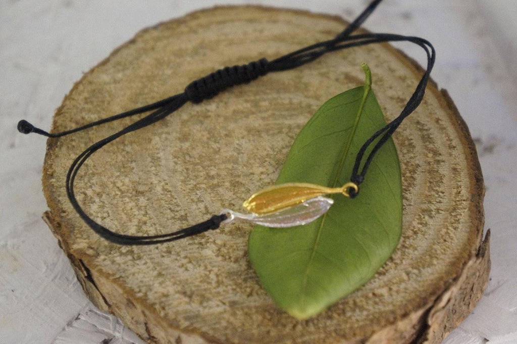 Two tones Sterling silver 925 Adjustable Woven & Braided Bracelet, made from Two real Olive leaves. Makes Yin-Yang