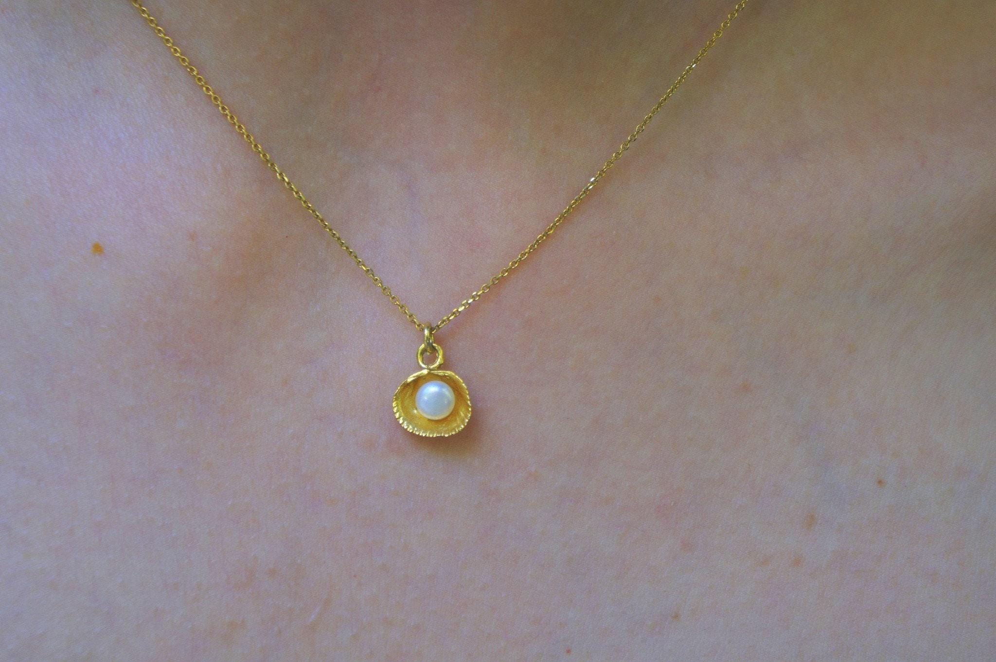 Real Sea Shell Pearl Necklace, 14K Gold Plated Sterling Silver 925 Dainty Pendant, Handmade Minimalist Jewelry Gift, Birthday Gift for Women