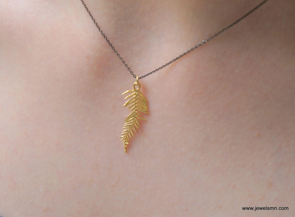 Solid Gold Acacia Leaf Necklace, Handmade Nature Jewelry, Organic Forest Pendant, Gift for Vitality & Health, Real Gold (9K, 14K, 18K)