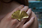 Real Ginkgo Biloba Leaf Ring, 14K Gold Plated Brass Jewelry, Handmade Statement Jewelry Gift for Women, Boho Birthday Gift for Her