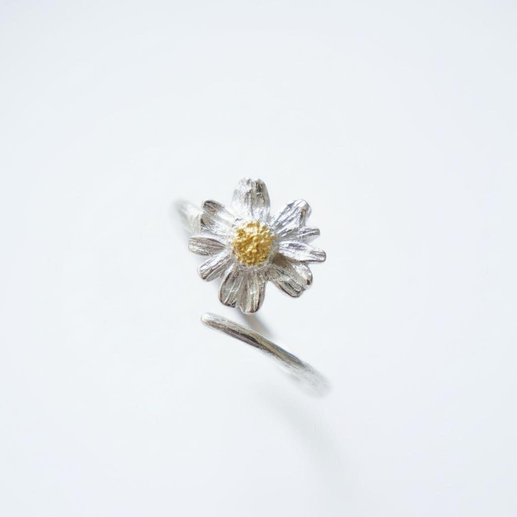 Silver Chamomile Flower Ring, Handmade Minimalist Jewelry, Botanical Band, Gift for Luck & Health, Eco Sustainable Sterling Silver 925