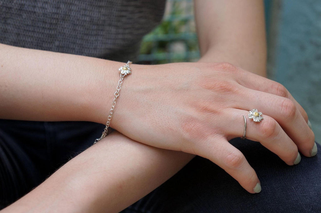 Silver Chamomile Flower Ring, Handmade Minimalist Jewelry, Botanical Band, Gift for Luck & Health, Eco Sustainable Sterling Silver 925
