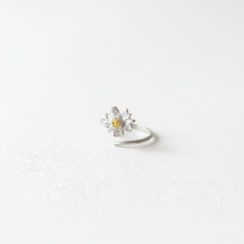 Silver Chamomile Flower Ring, Handmade Minimalist Jewelry, Botanical Band, Gift for Luck & Health, Eco Sustainable Sterling Silver 925