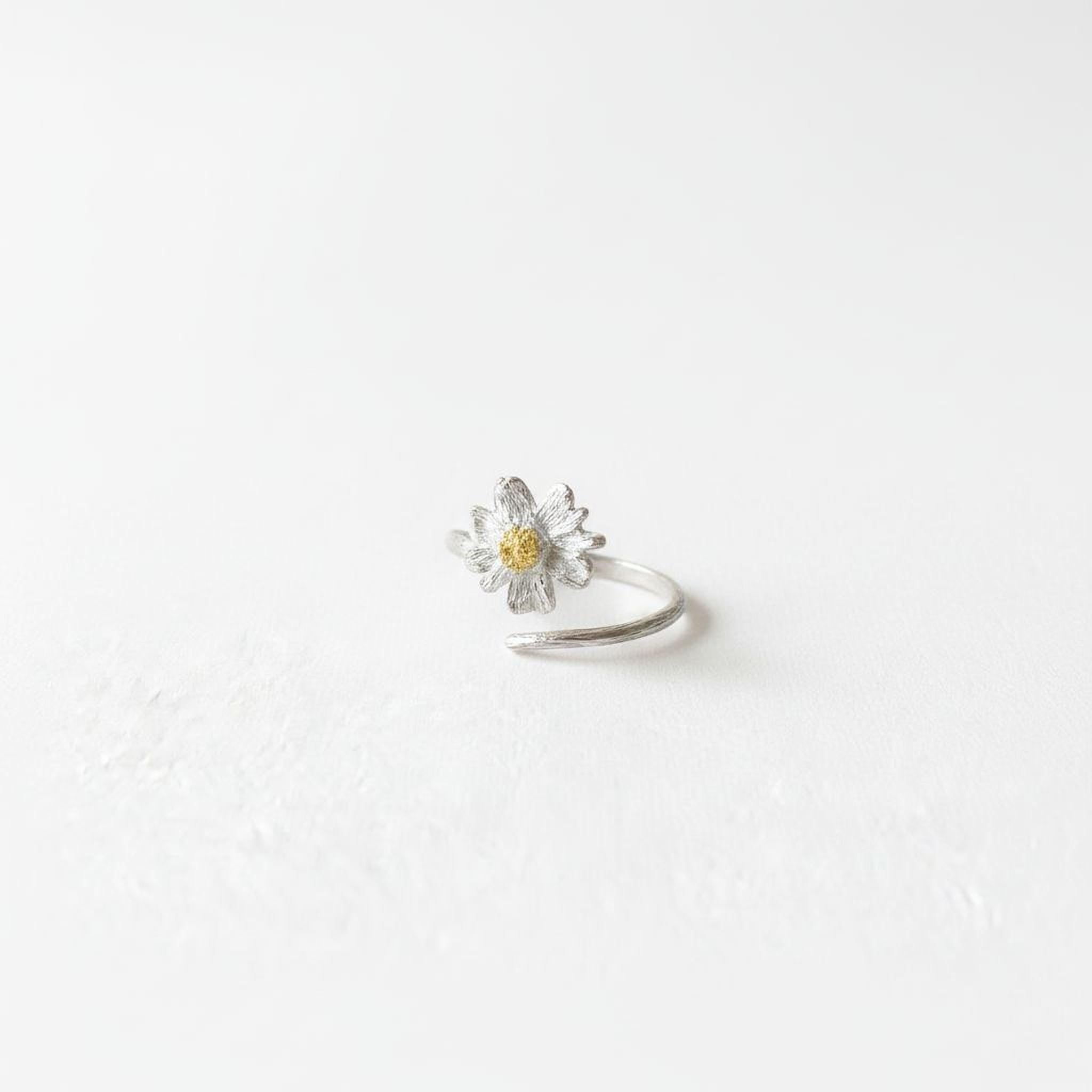 Silver Chamomile Flower Ring, Handmade Minimalist Jewelry, Botanical Band, Gift for Luck & Health, Eco Sustainable Sterling Silver 925