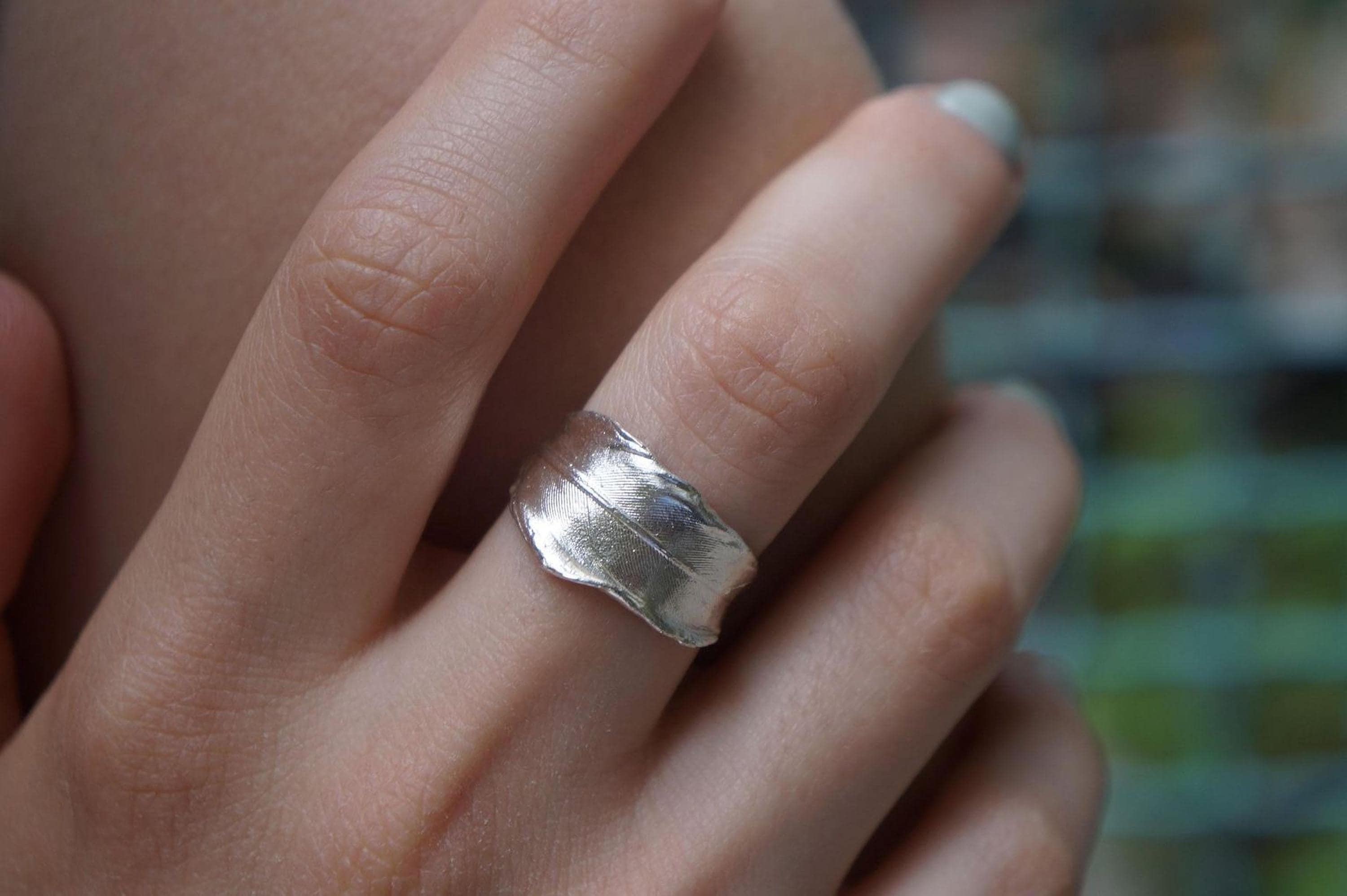 Real Dove Feather Ring, Handmade Nature Jewelry, Organic Tree Band, Gift for Luck & Purity, Eco Sustainable Sterling Silver 925