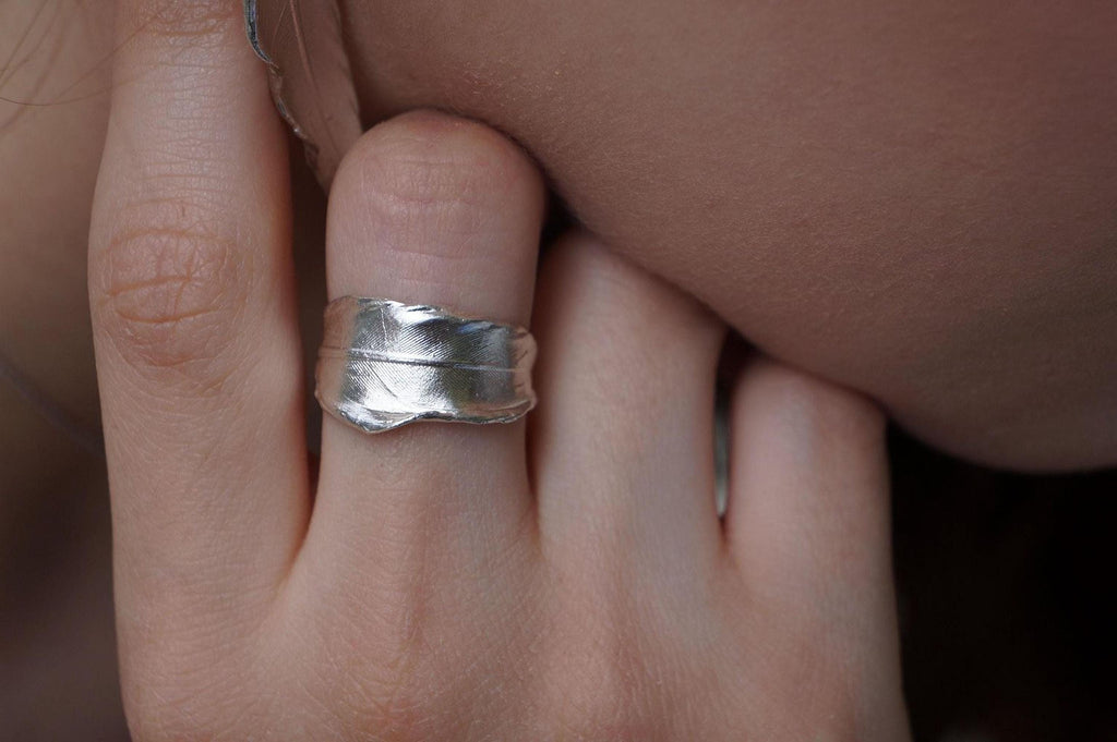 Real Dove Feather Ring, Handmade Nature Jewelry, Organic Tree Band, Gift for Luck & Purity, Eco Sustainable Sterling Silver 925