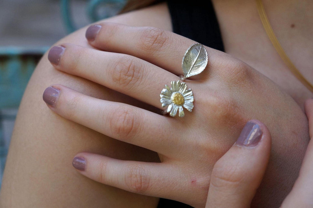 Daisy and Rose Flower Ring, Handmade Minimalist Jewelry, Botanical Tree Band, Gift for Luck & Success, Eco Sustainable Sterling Silver 925