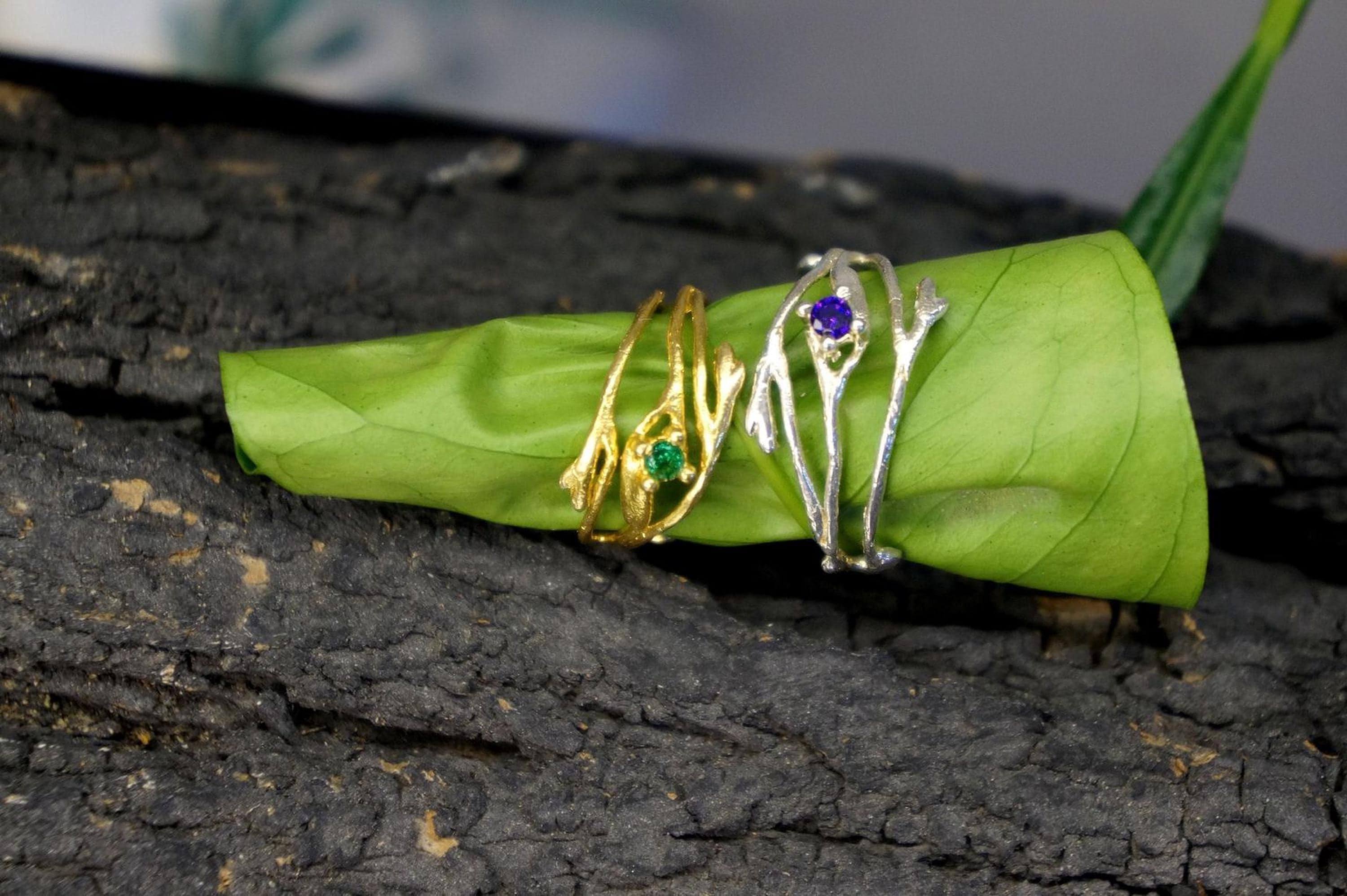 Real Jasmine Branch Ring, Gold or Sterling Silver 925, Handmade Organic Forest Band Jewelry, Gift for Luck & Health,