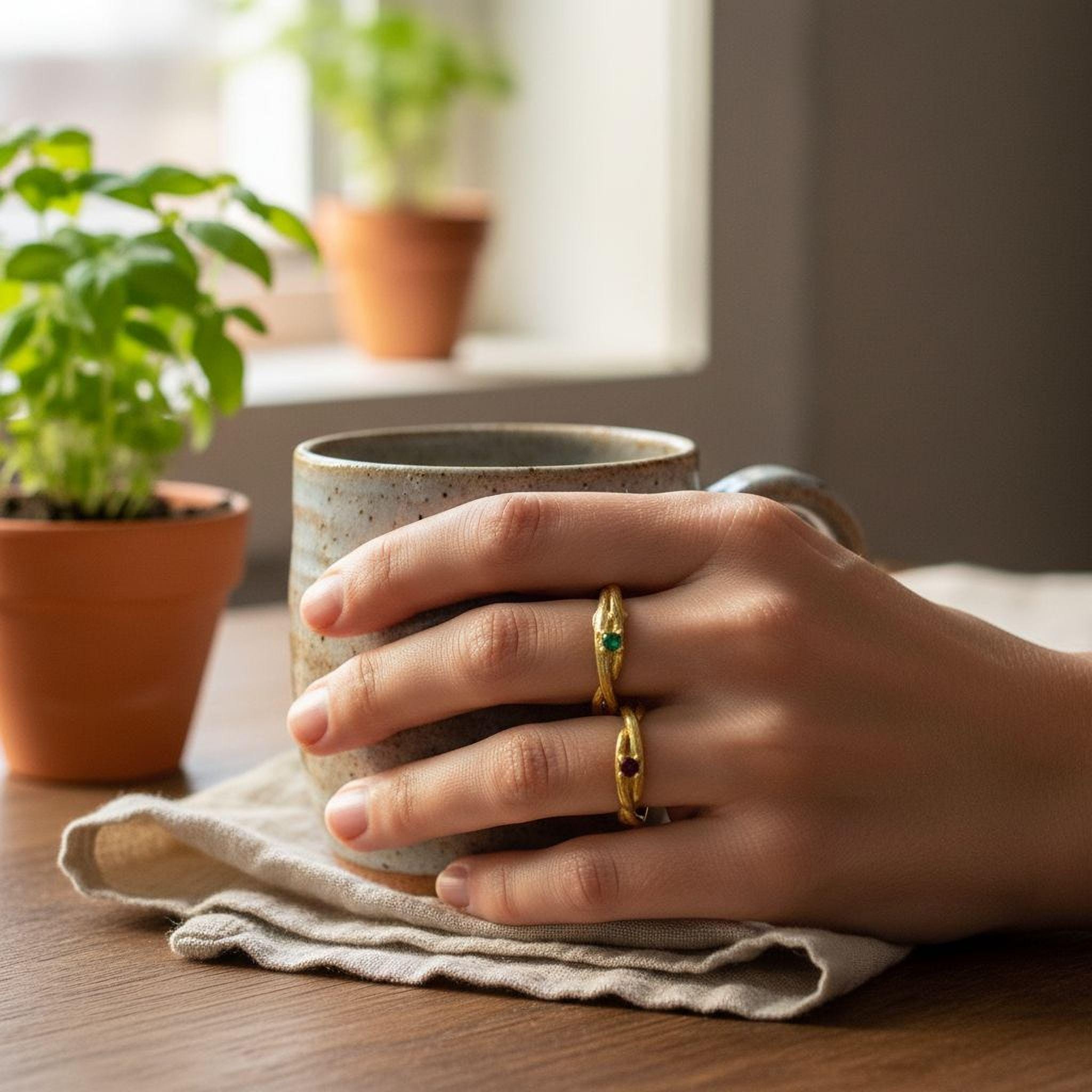 Nature Gold Branch Ring with color Zircon. Gold Plated Sterling Silver 925 Twig Ring, Handmade Minimalist Jewelry