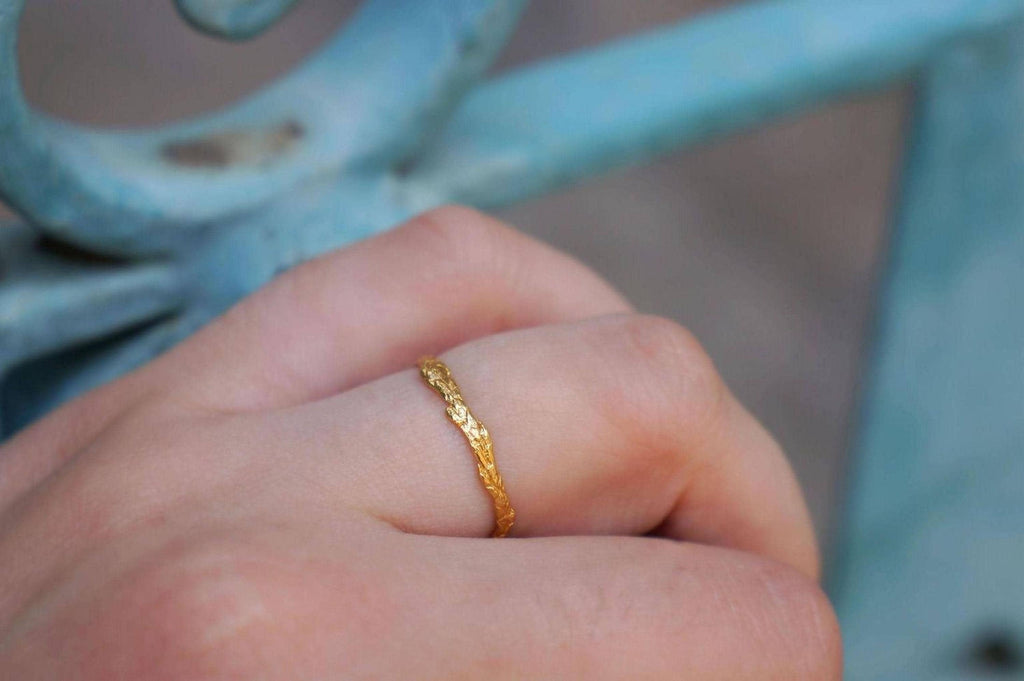 Solid Gold Juniper Branch Ring, Handmade Minimalist Jewelry, Dainty Forest Twig, Gift for Vitality & Luck, Real Gold (9K, 14K, 18K)