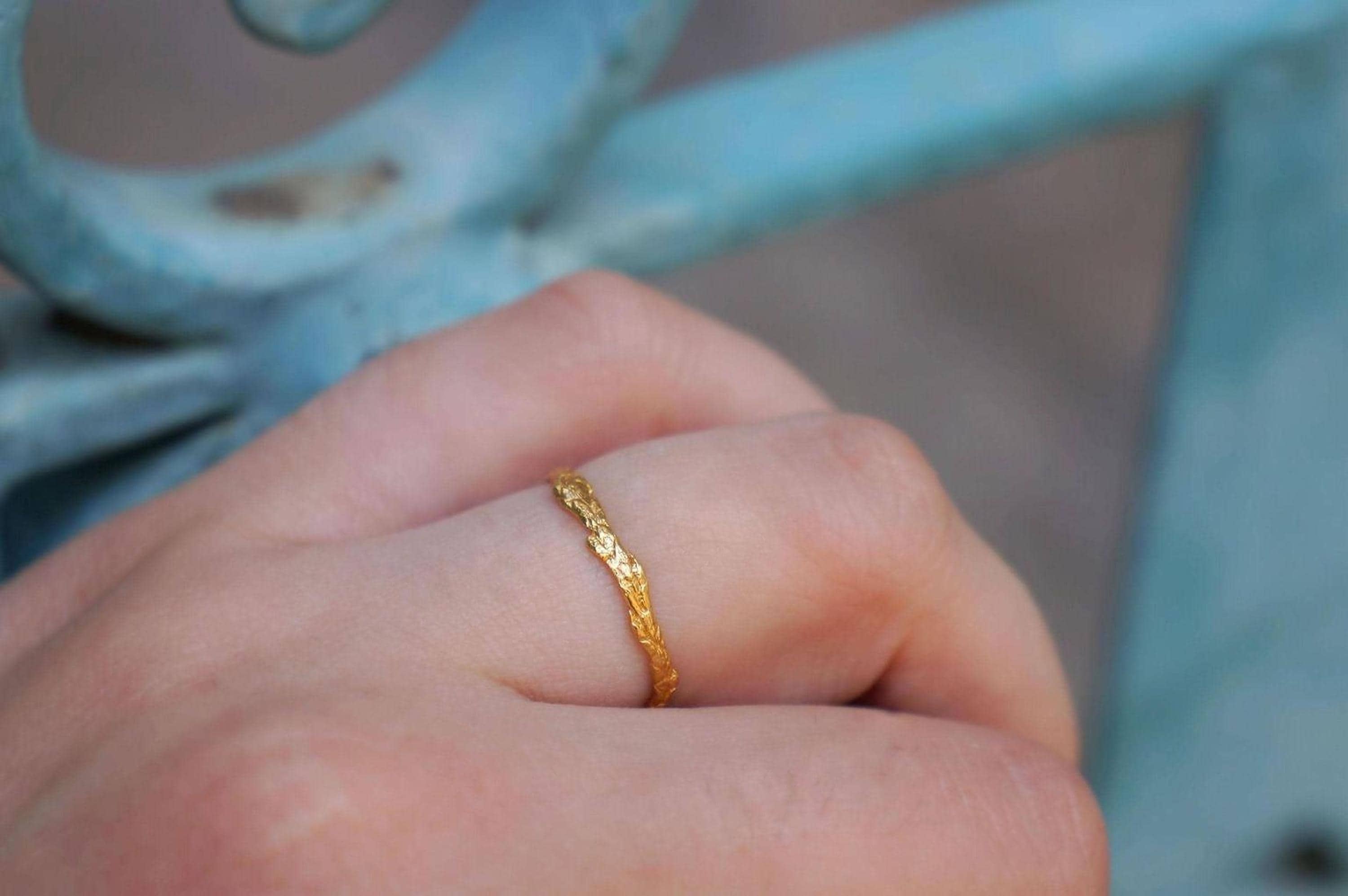 Solid Gold Juniper Branch Ring, Handmade Minimalist Jewelry, Dainty Forest Twig, Gift for Vitality & Luck, Real Gold (9K, 14K, 18K)