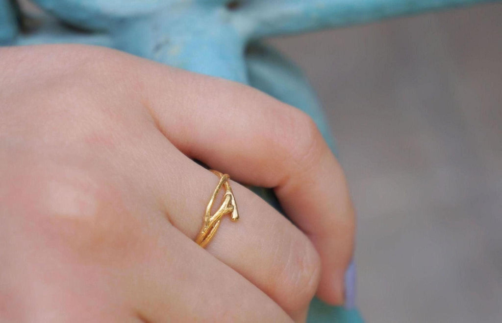Solid Gold Jasmine Branch Ring, Handmade Minimalist Nature Jewelry, Dainty Organic Band, Gift for Purity & Health, Real Gold (9K, 14K, 18K)