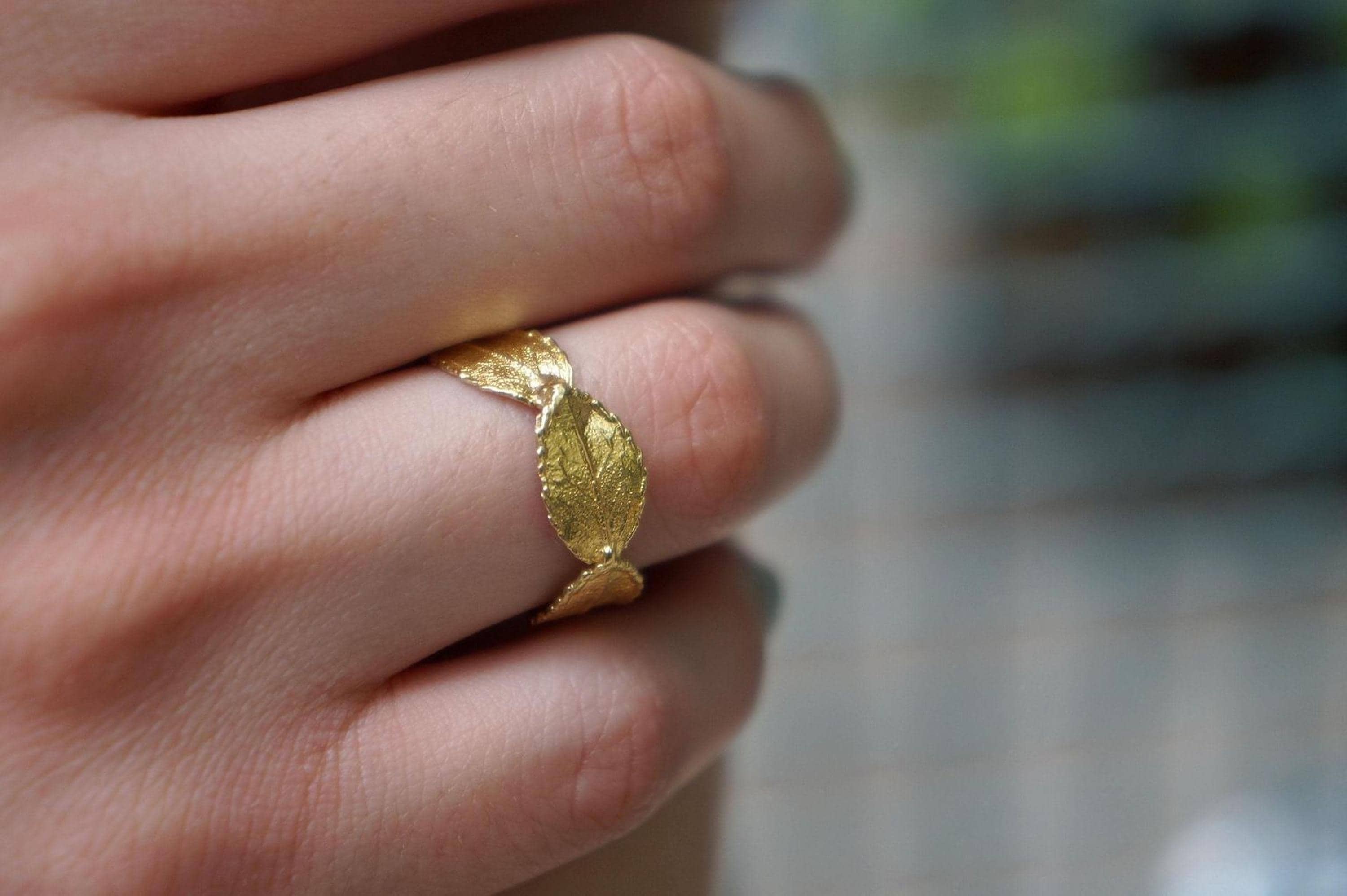 Real Olive Leaf Gold Ring, Handmade Minimalist Jewelry, Organic Tree Band, Gift for Health & Victory, Eco Sustainable Sterling Silver 925