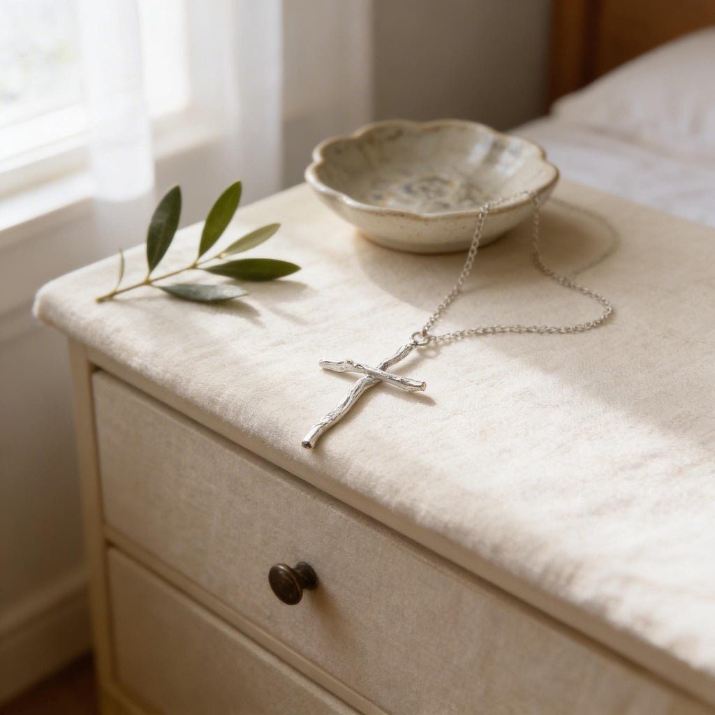Silver Cross Jewelry Necklace, Olive Branch Twig Pendant, Handmade Unique Gift Cross Jewelry, Sterling Silver 925