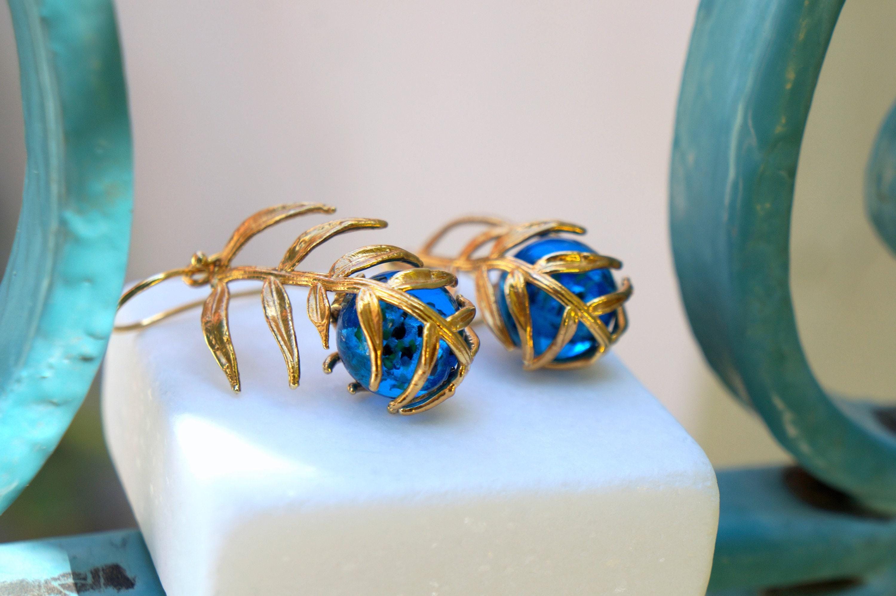Real Araucaria Leaf Earrings, Handmade Nature Jewelry with Blue Murano, Organic Forest Dangles, Gift for Protection, Sterling Silver 925