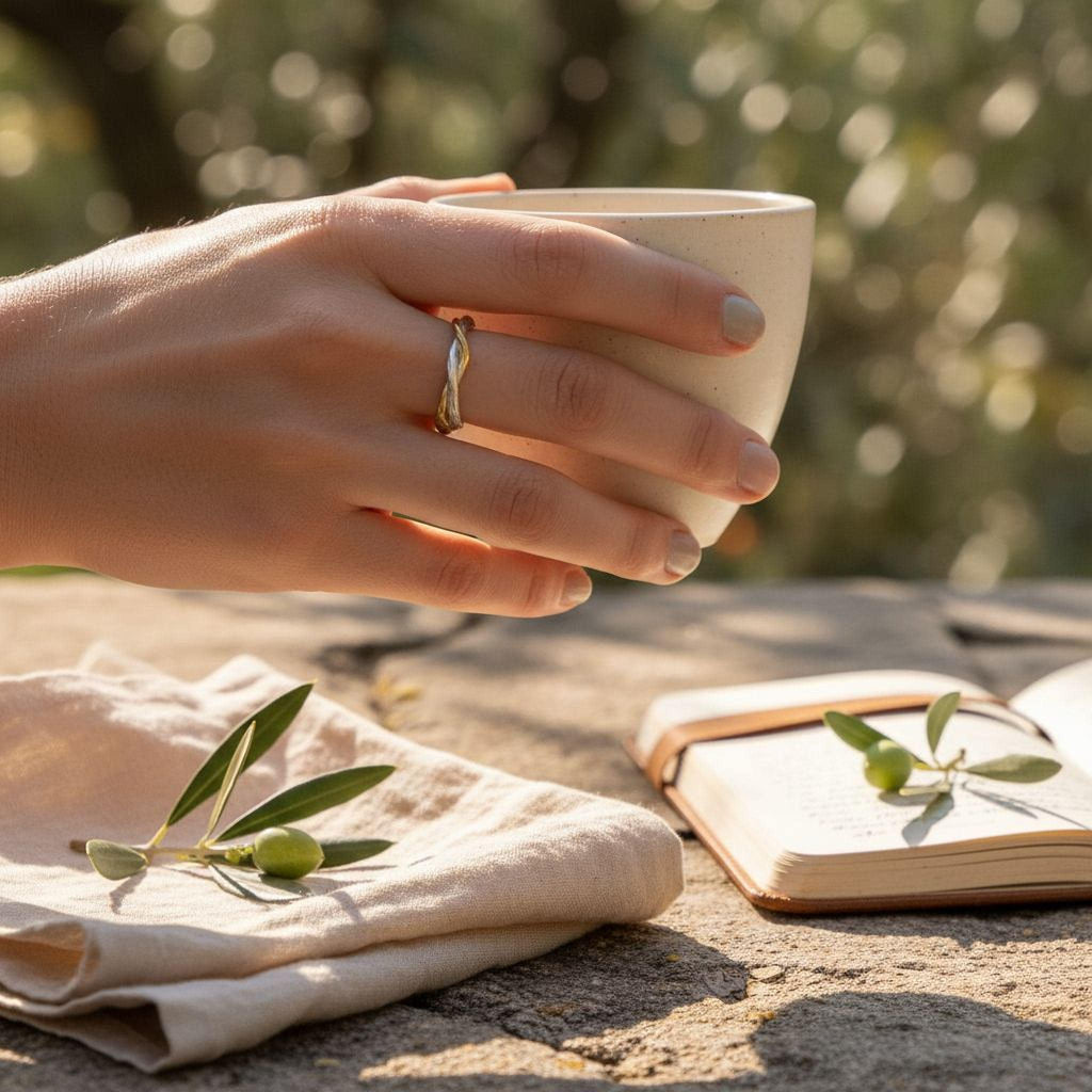 Real Olive Branch Gold Ring, Handmade Minimalist Jewelry, Organic Twig Band, Gift for Victory & Health, Eco Sustainable Sterling Silver 925