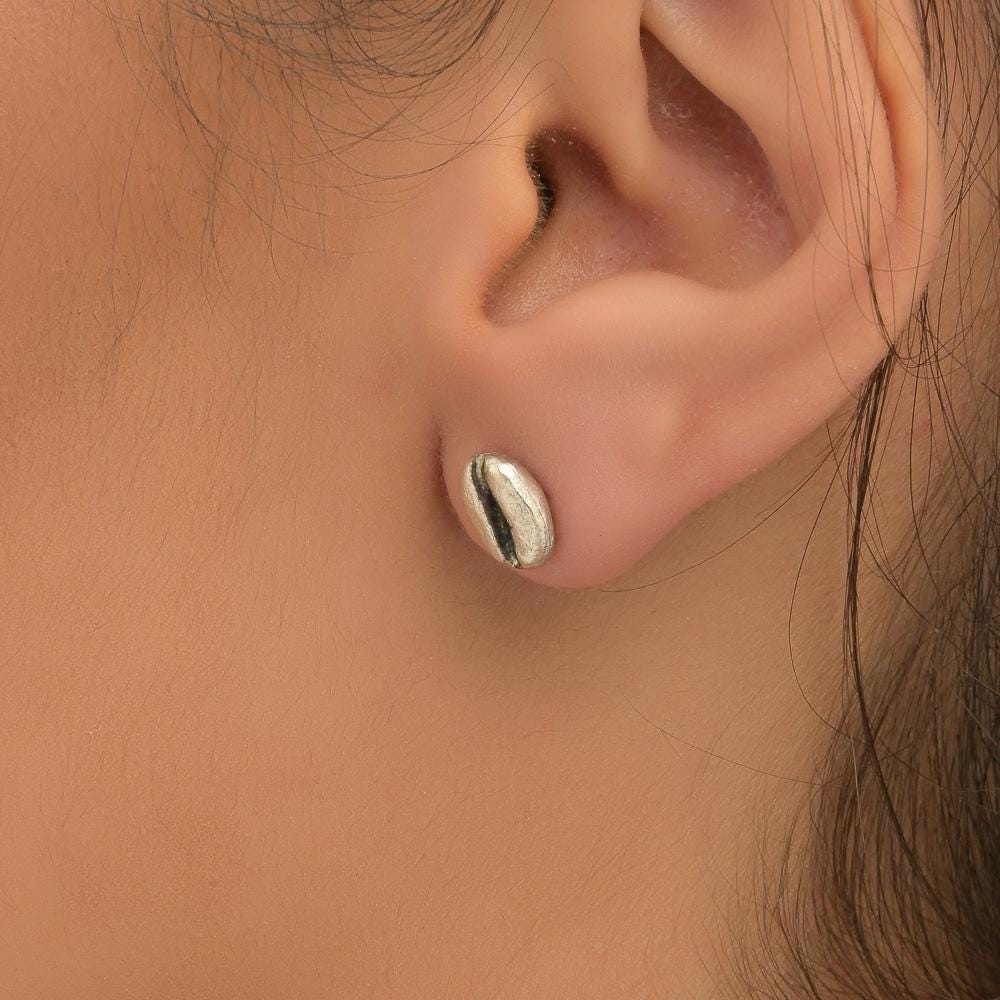 Real Coffee Bean Silver Studs, Handmade Minimalist Jewelry, Organic Earrings, Gift for Energy & Luck, Eco Sustainable Sterling Silver 925