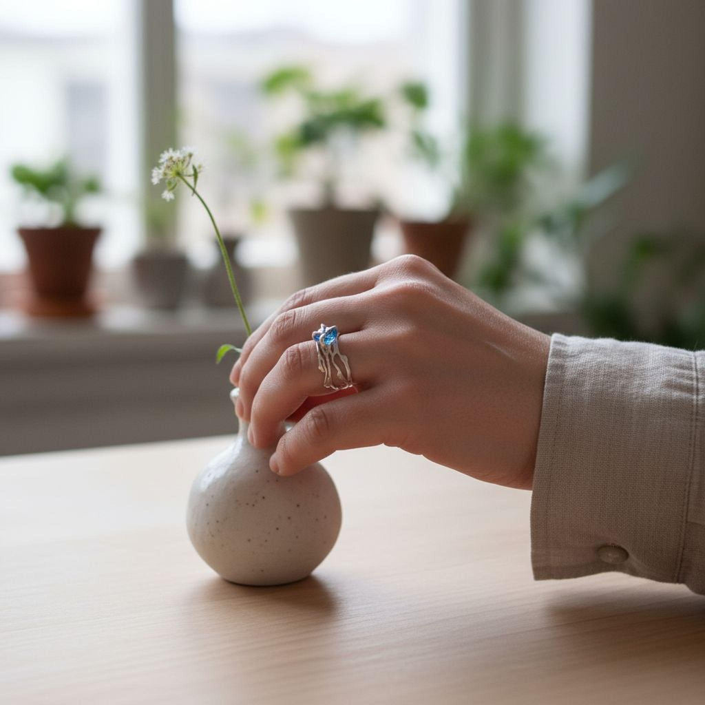Real Jasmine Branch Ring with Zircon, Handmade Nature Jewelry, Organic Boho Band, Gift for Vitality & Luck, Sterling Silver 925