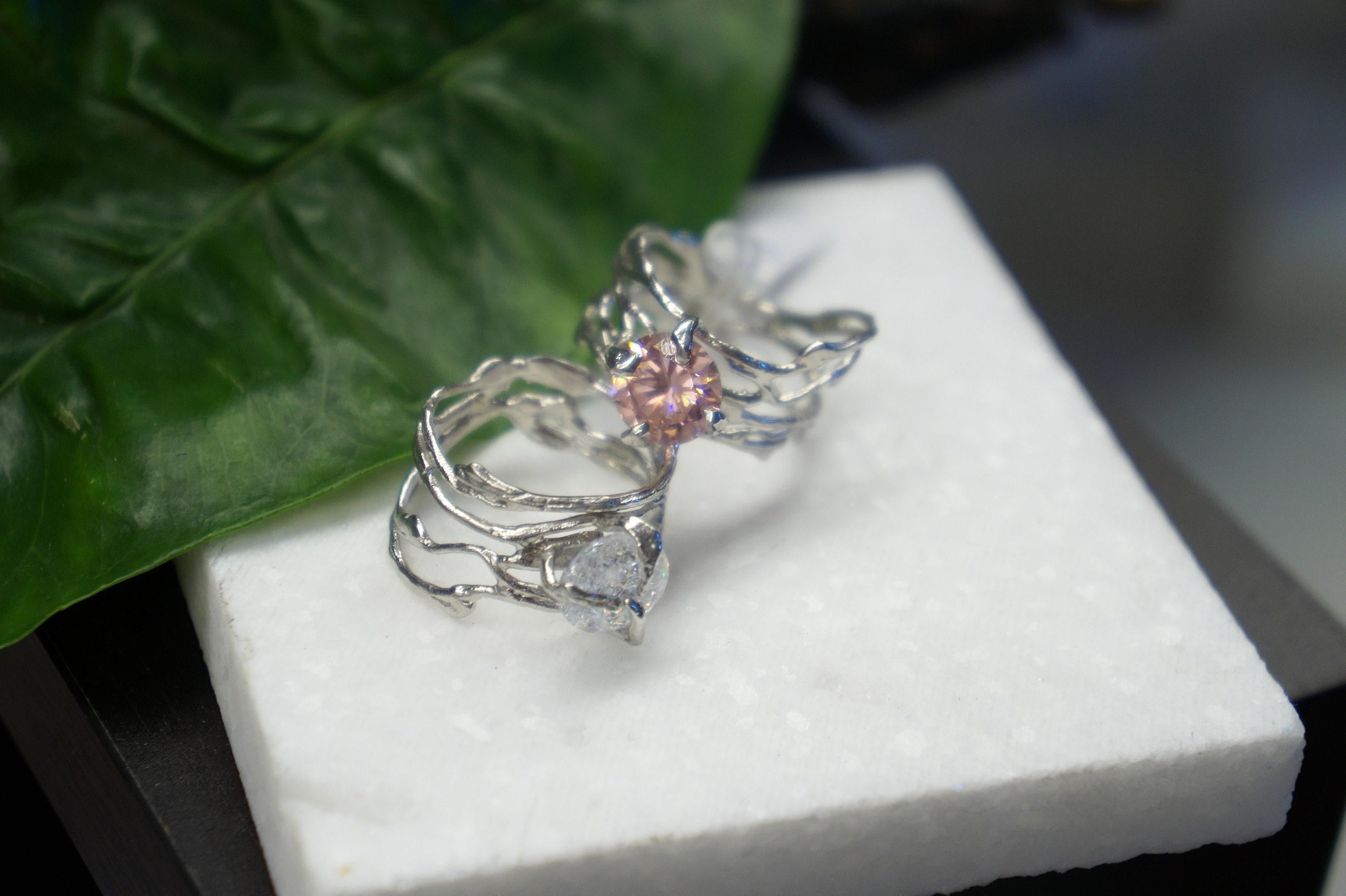 Real Jasmine Branch Ring with Zircon, Handmade Nature Jewelry, Organic Boho Band, Gift for Vitality & Luck, Sterling Silver 925