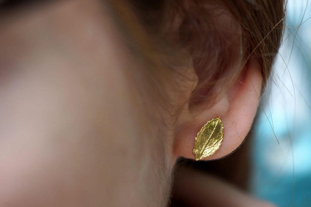 Real Rose leaf Gold Earrings, Handmade Minimalist Jewelry, Organic Nature Studs, Gift for Health & Passion, Gold or Sterling Silver 925