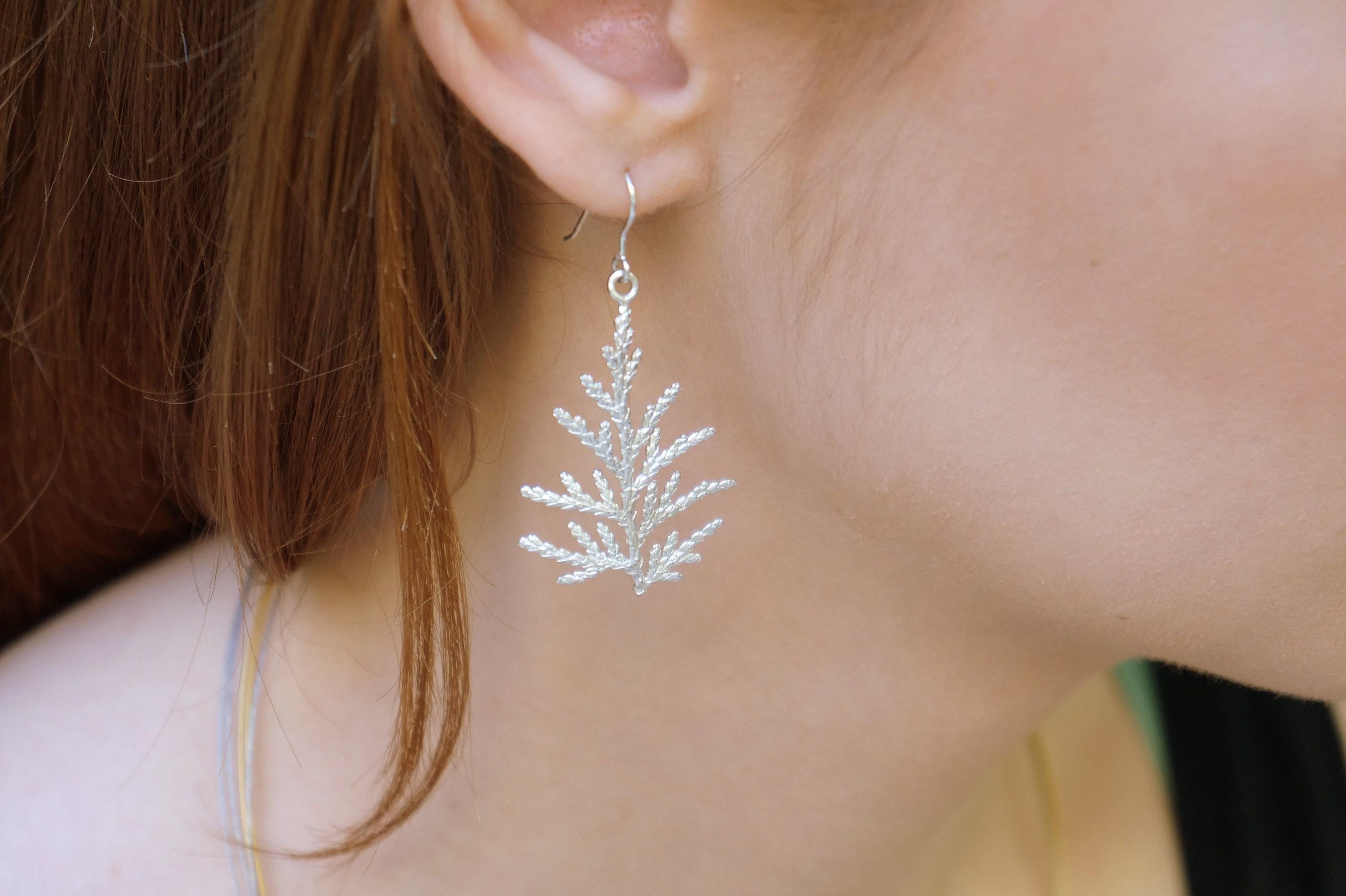 Gold Juniper Earrings, Handmade Nature Jewelry, Botanical Dangles, Symbolizes Health & Resilience, Eco Sustainable Sterling Silver 925