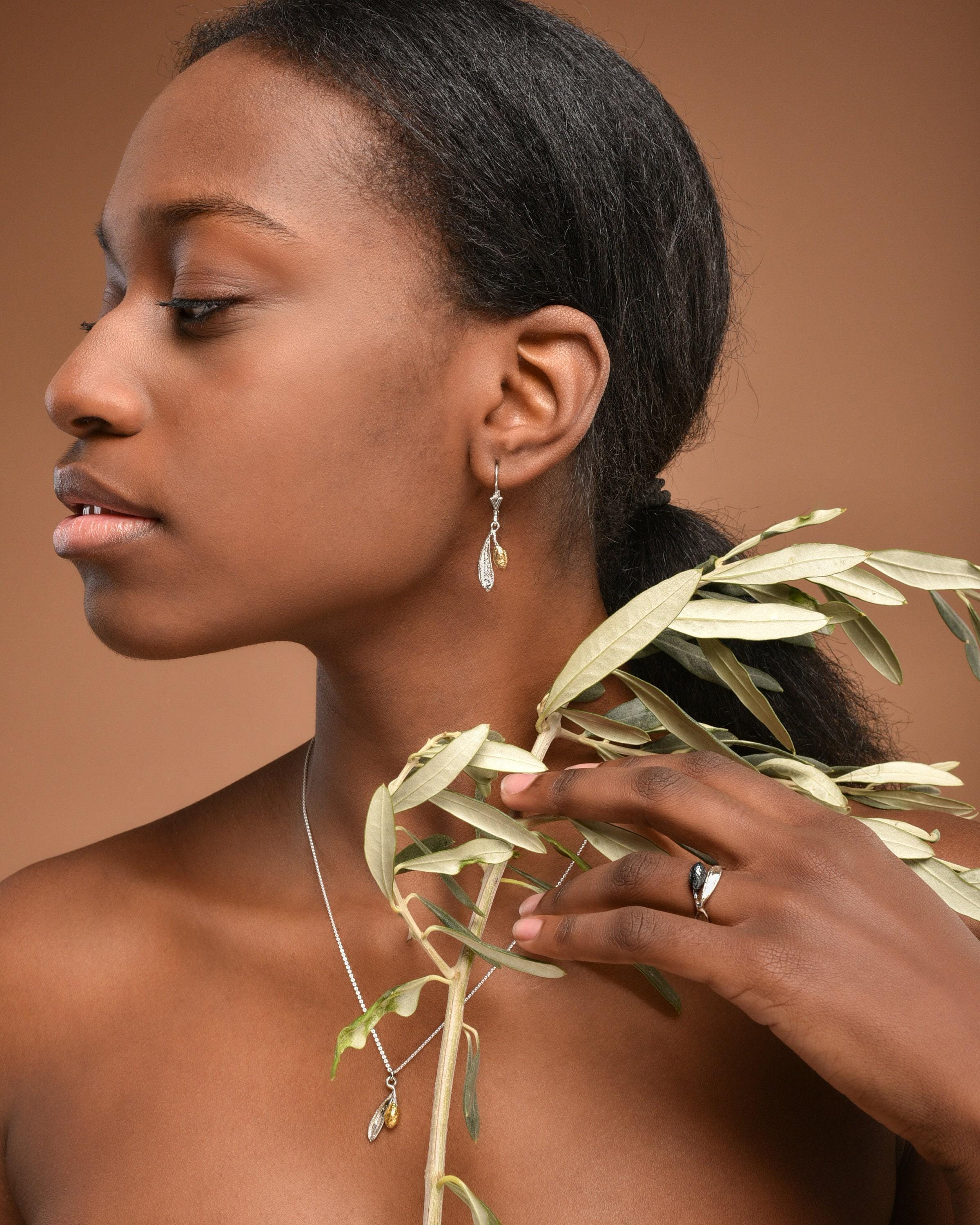 Real Olive Leaf Earrings, Handmade Minimalist Jewelry, Dainty Organic Drops, Gift for Health & Luck, Gold and Sterling Silver 925