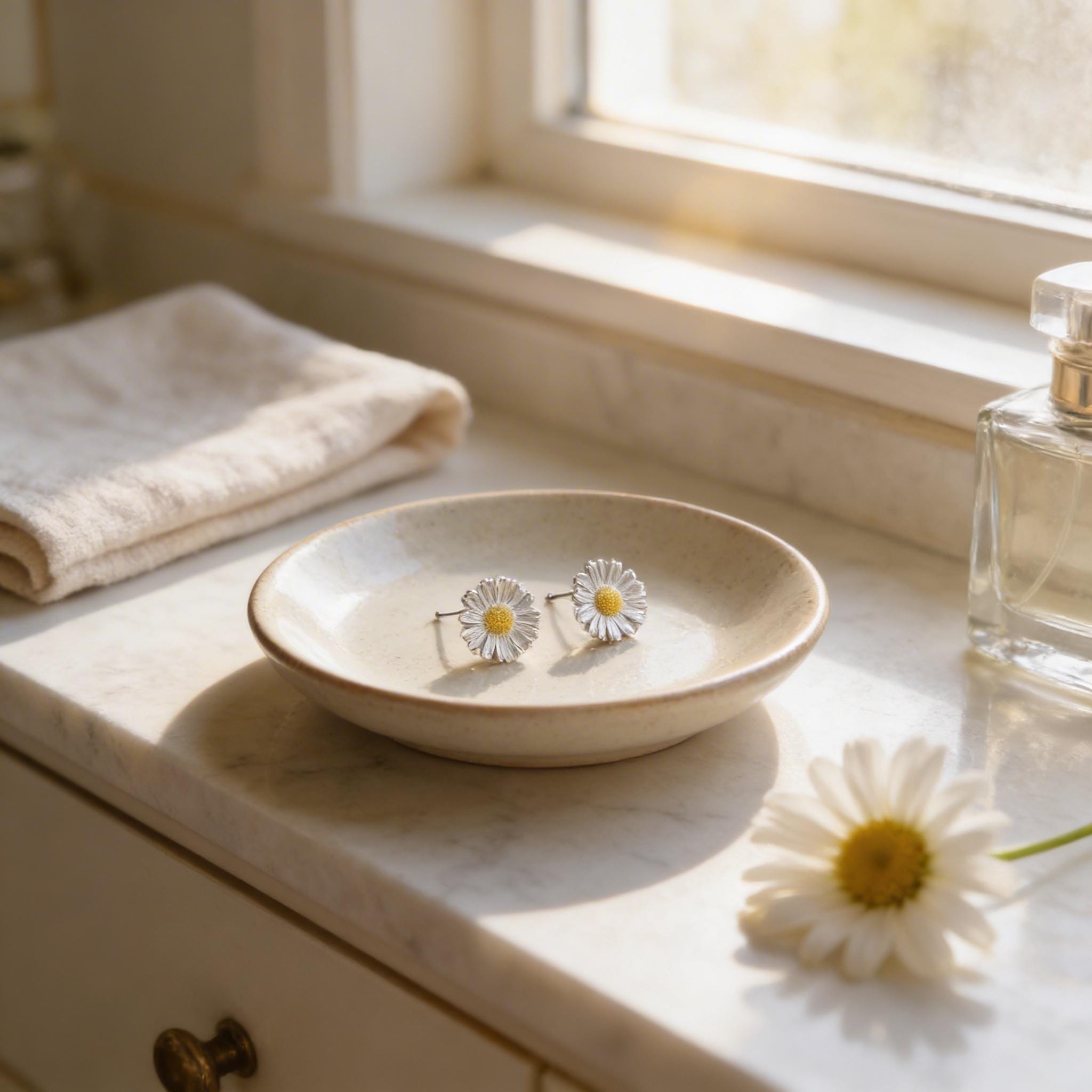 Unique earrings for women.Daisy Flowers (Stud or Dangle) in Sterling Silver 925. Symbol of of patience, healing, and natural elegance.