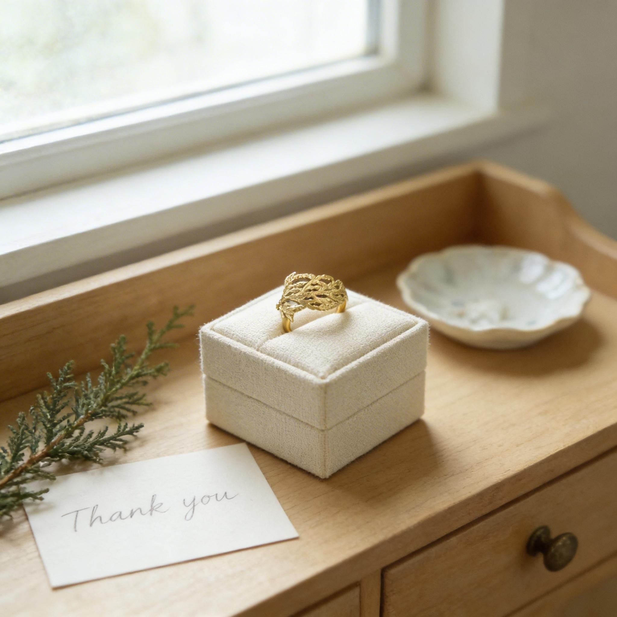 Real Cypress Leaf Ring, Gold Plated on Sterling Silver 925 Jewelry, Handmade Minimalist Jewelry Birthday Gift for Women