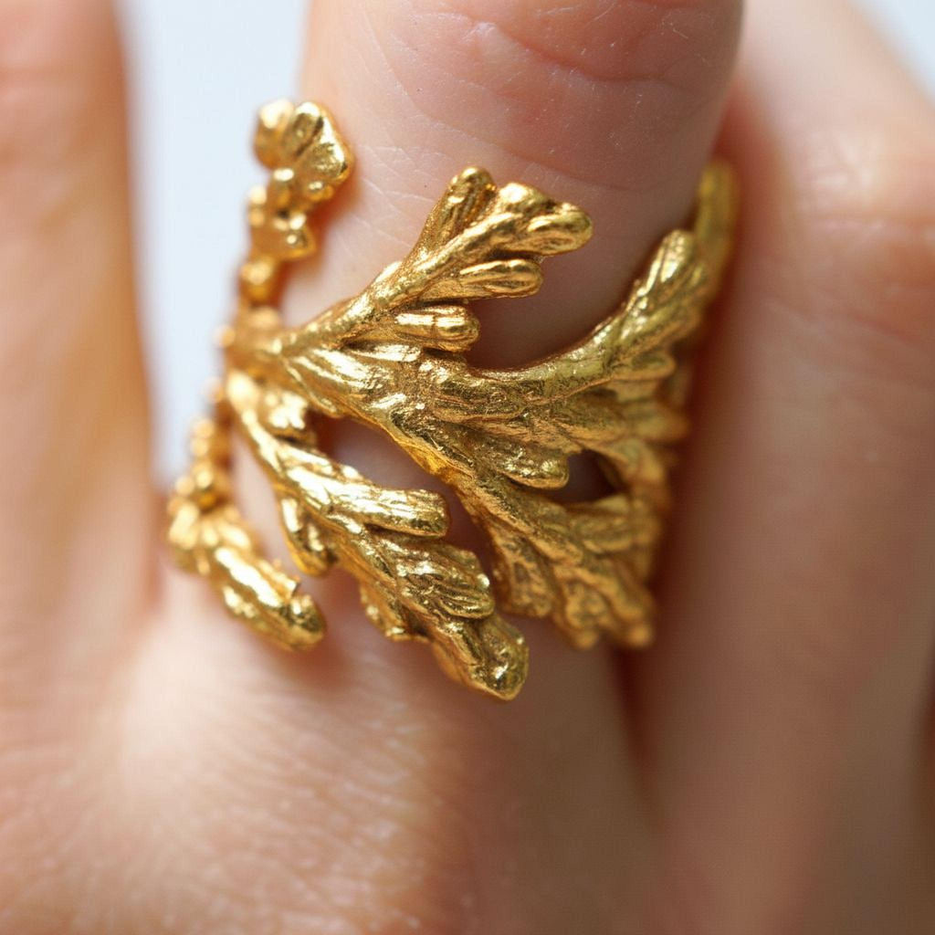 Real Juniper Leaf Gold Ring, Handmade Nature Jewelry, Organic Boho Band, Gift for Luck & Health, Eco Sustainable Brass
