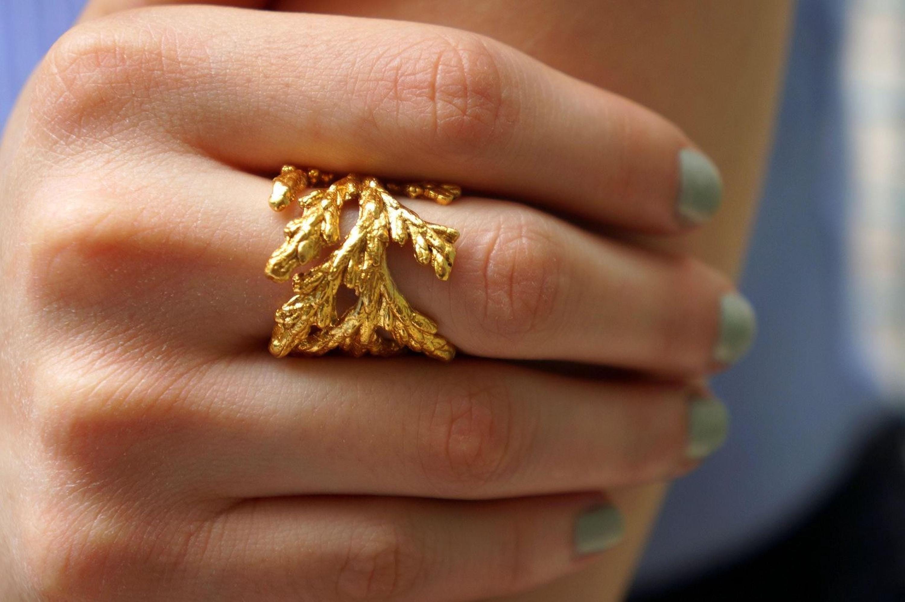 Real Juniper Branch Gold Ring, Handmade Nature-Inspired Jewelry, Organic Forest Band, Gift for Longevity & Health, Sterling Silver 925