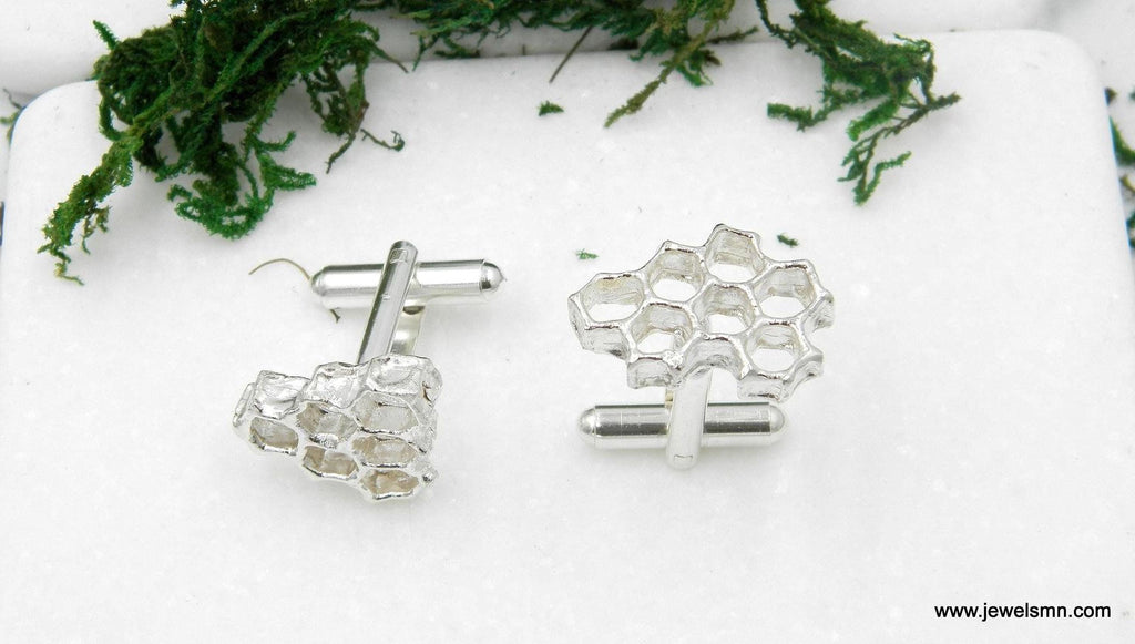 Silver Honeycomb Cufflinks, Handmade Men's Accessories for Suit, Jewelry Inspired by Bees, Sterling Silver 925