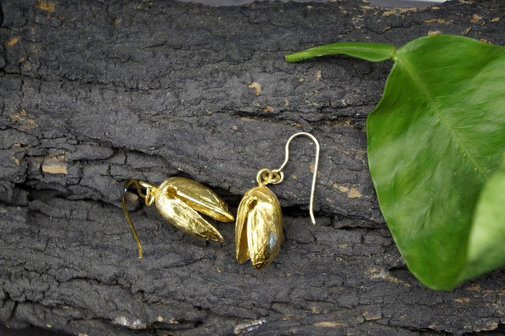Real Pistachio Earrings, 14K Gold Plated Brass Jewelry, Gold Drop Earrings, Handmade Minimalist Jewelry Gift, Gift for Her
