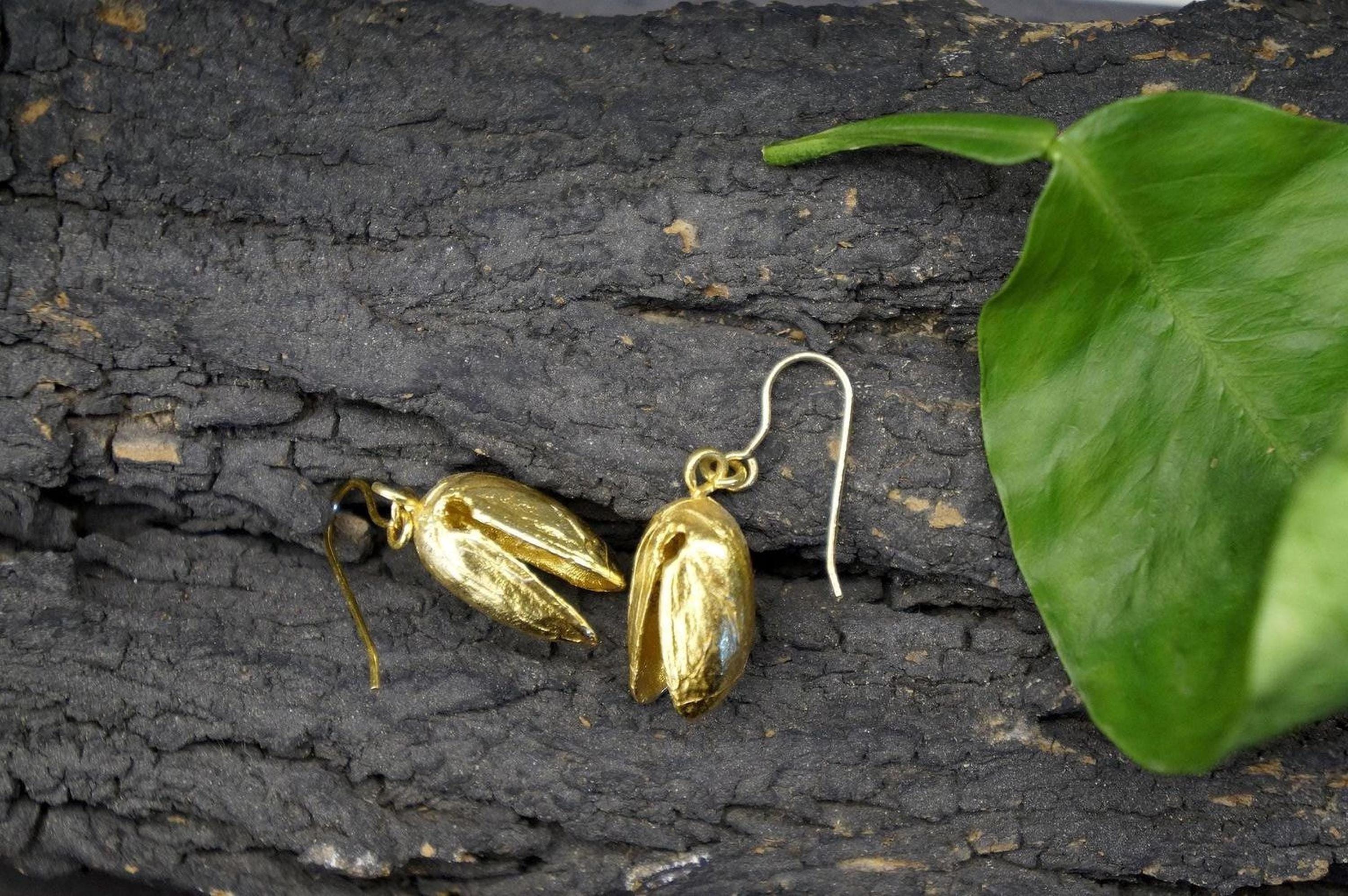 Real Pistachio Earrings, 14K Gold Plated Brass Jewelry, Gold Drop Earrings, Handmade Minimalist Jewelry Gift, Gift for Her