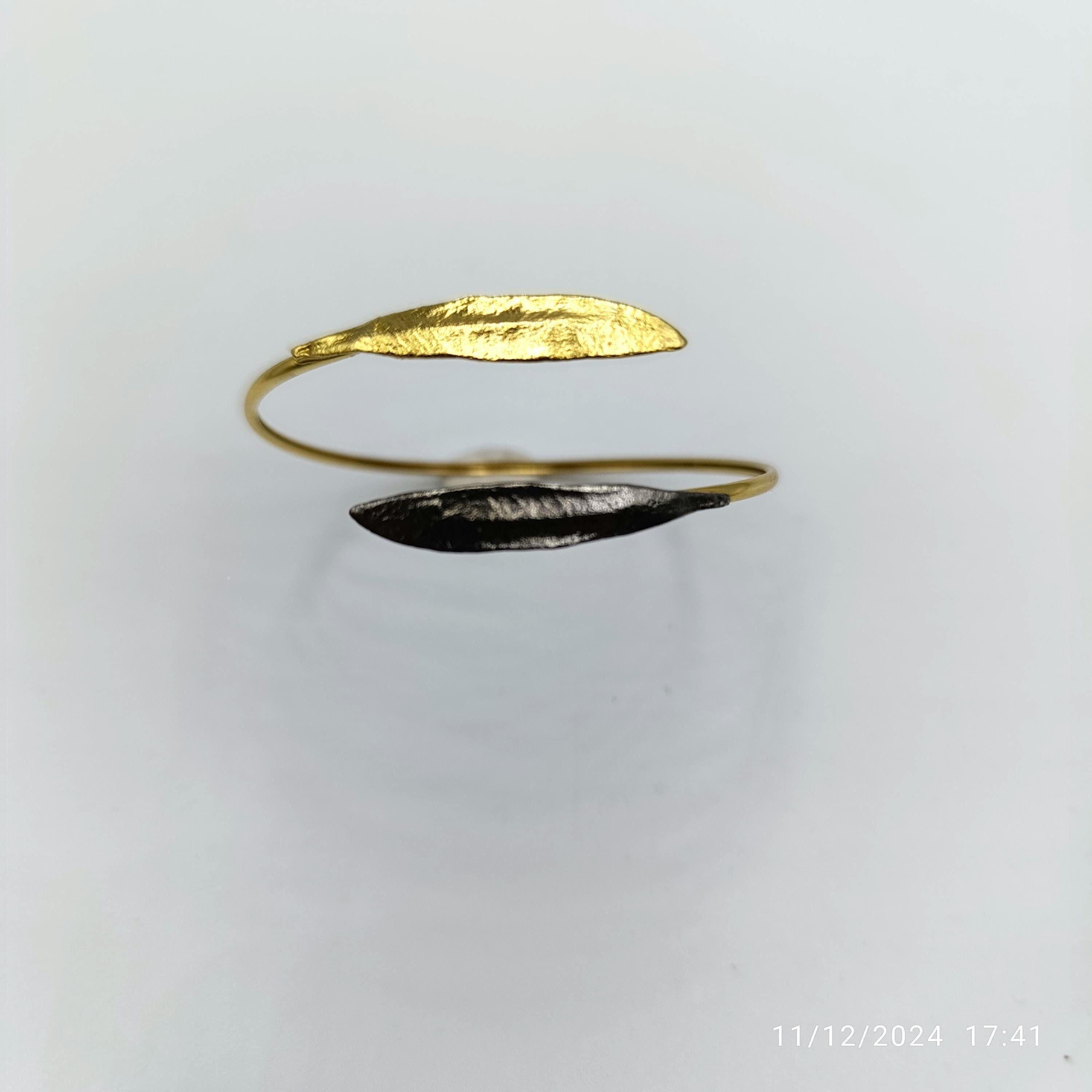 Minimalist Olive Leaves Cuff, Handmade Nature Jewelry, Symbolic Gold Bracelet, Gift for Longevity and Luck, Sterling Silver 925.