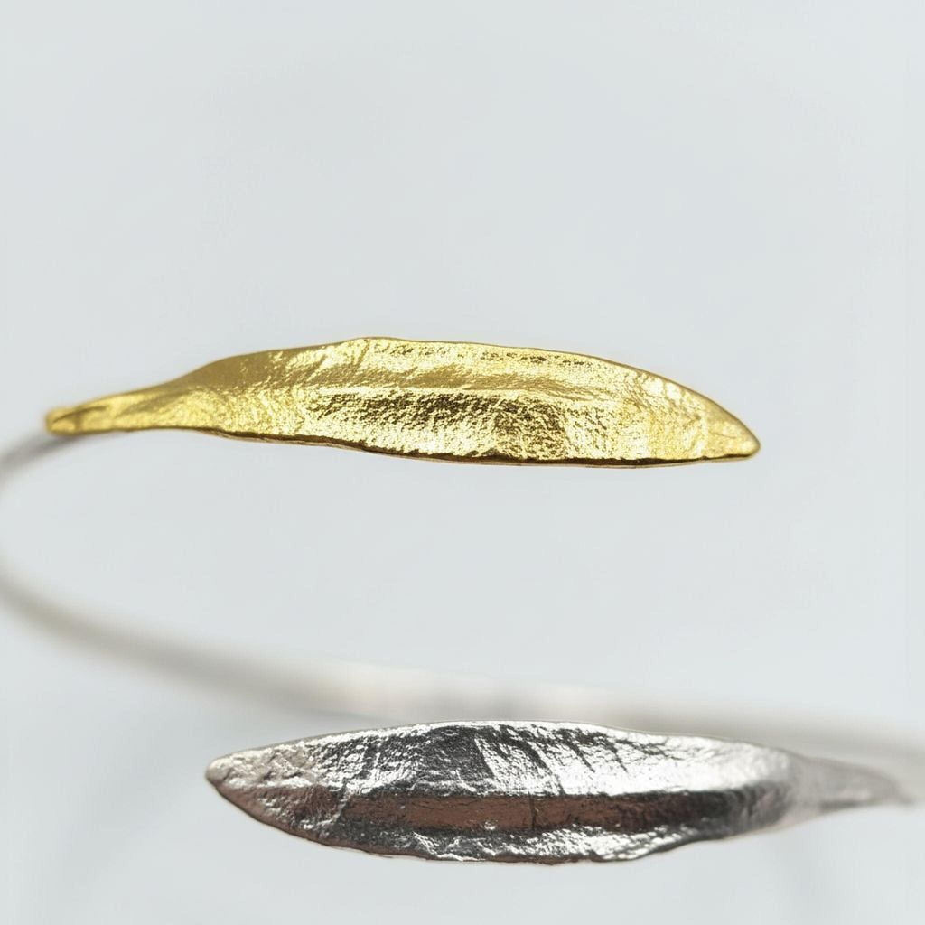 Minimalist Olive Leaves Cuff, Handmade Nature Jewelry, Symbolic Gold Bracelet, Gift for Longevity and Luck, Sterling Silver 925.