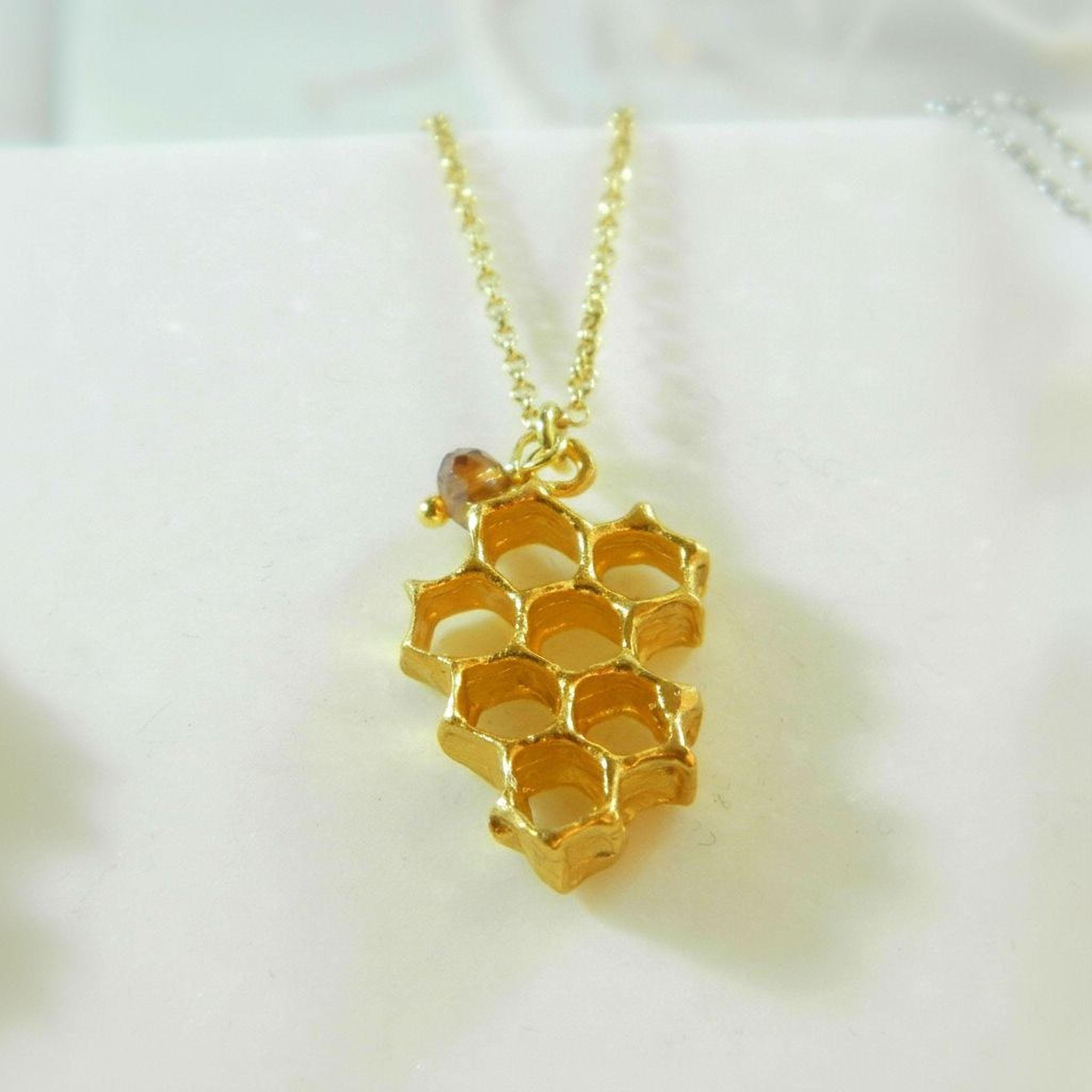 Real Honeycomb Bee Pendant, 14K Gold Plated Sterling Silver 925, Handmade Nature Jewelry, Birthday Gift for Women, Organic Fashion