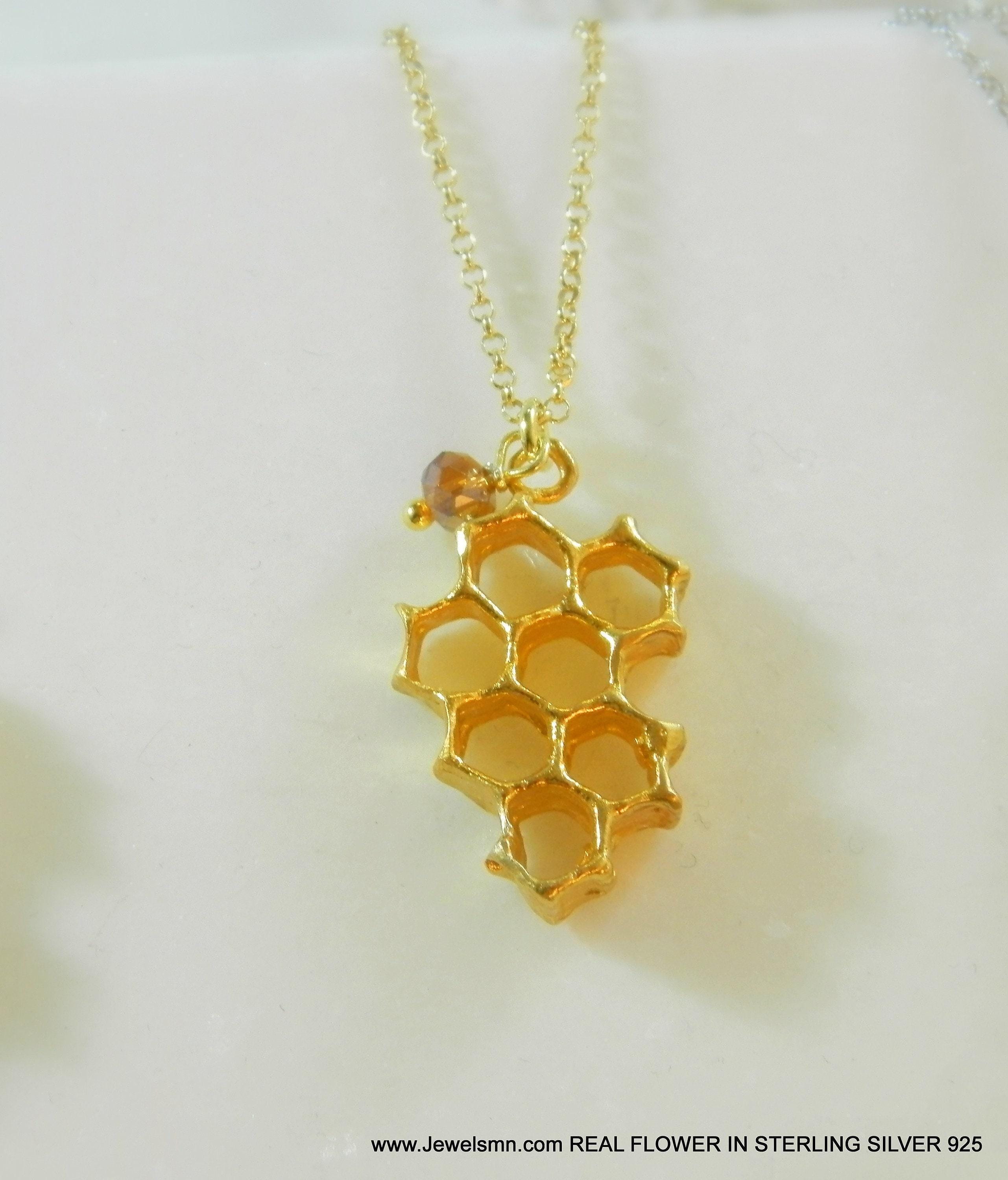 Real Honeycomb Bee Pendant, 14K Gold Plated Sterling Silver 925, Handmade Nature Jewelry, Birthday Gift for Women, Organic Fashion