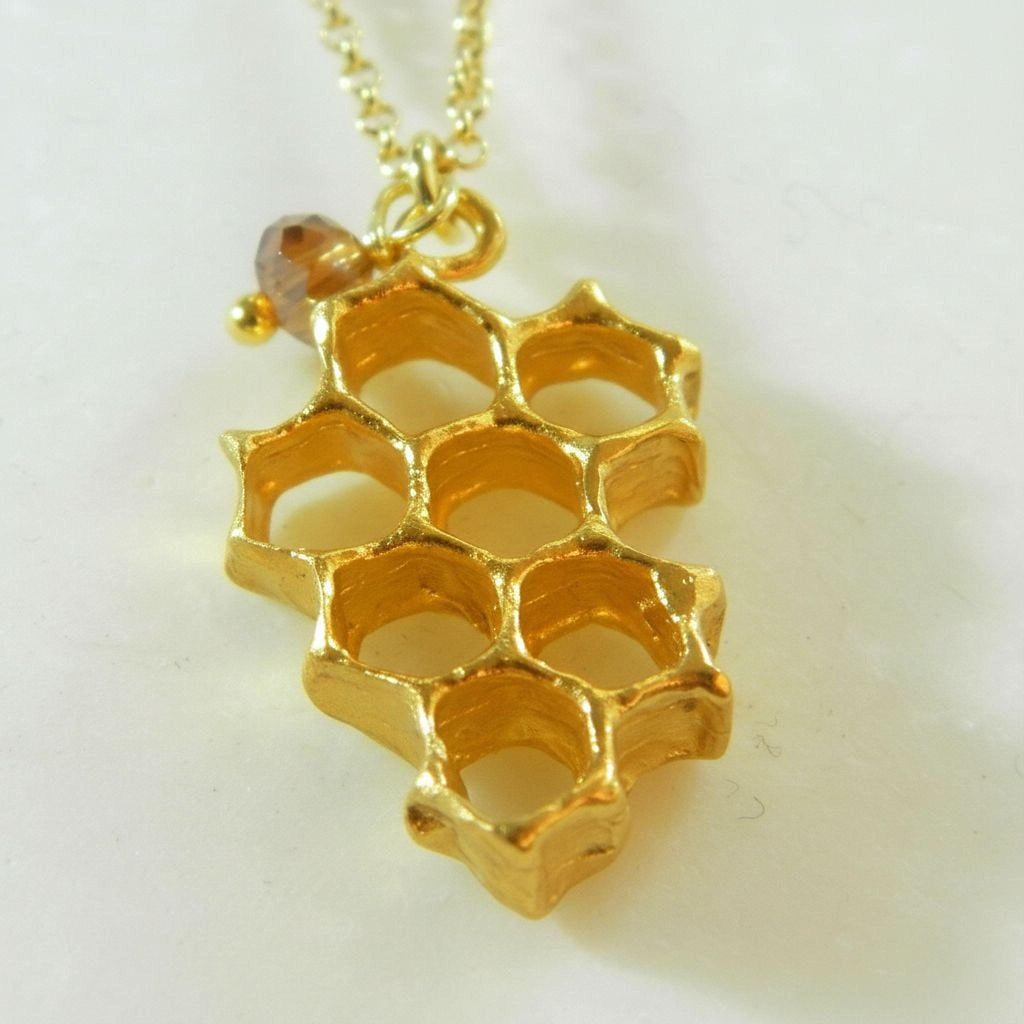 Real Honeycomb Bee Pendant, 14K Gold Plated Sterling Silver 925, Handmade Nature Jewelry, Birthday Gift for Women, Organic Fashion