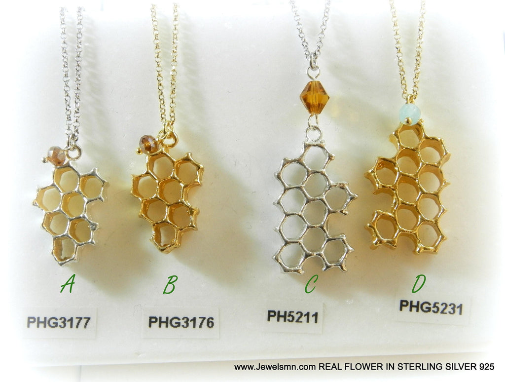 Real Honeycomb Bee Pendant, 14K Gold Plated Sterling Silver 925, Handmade Nature Jewelry, Birthday Gift for Women, Organic Fashion