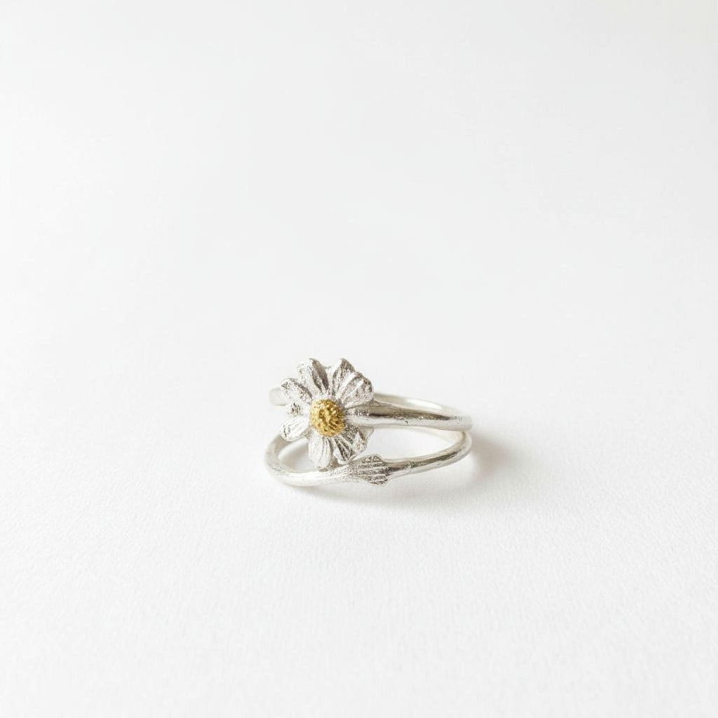 Real Chamomile Silver Ring, Handmade Nature Jewelry, Organic Flower Band, Gift for Energy & Resilience, Sustainable Sterling Silver 925