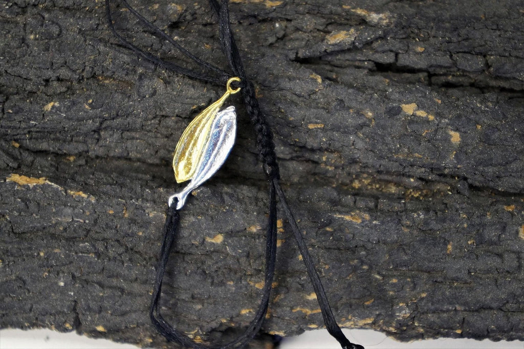 Two tones Sterling silver 925 Adjustable Woven & Braided Bracelet, made from Two real Olive leaves. Makes Yin-Yang
