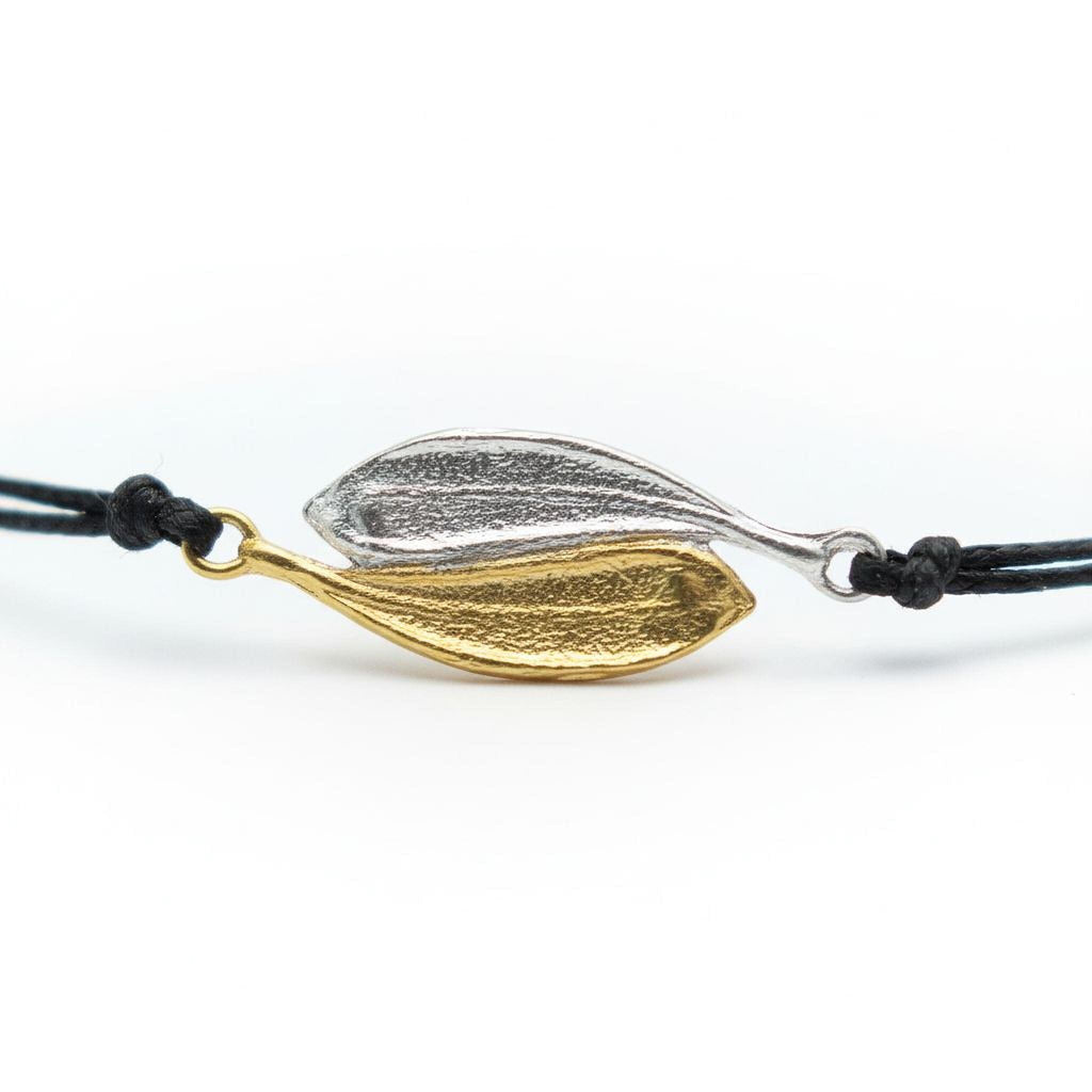 Two tones Sterling silver 925 Adjustable Woven & Braided Bracelet, made from Two real Olive leaves. Makes Yin-Yang