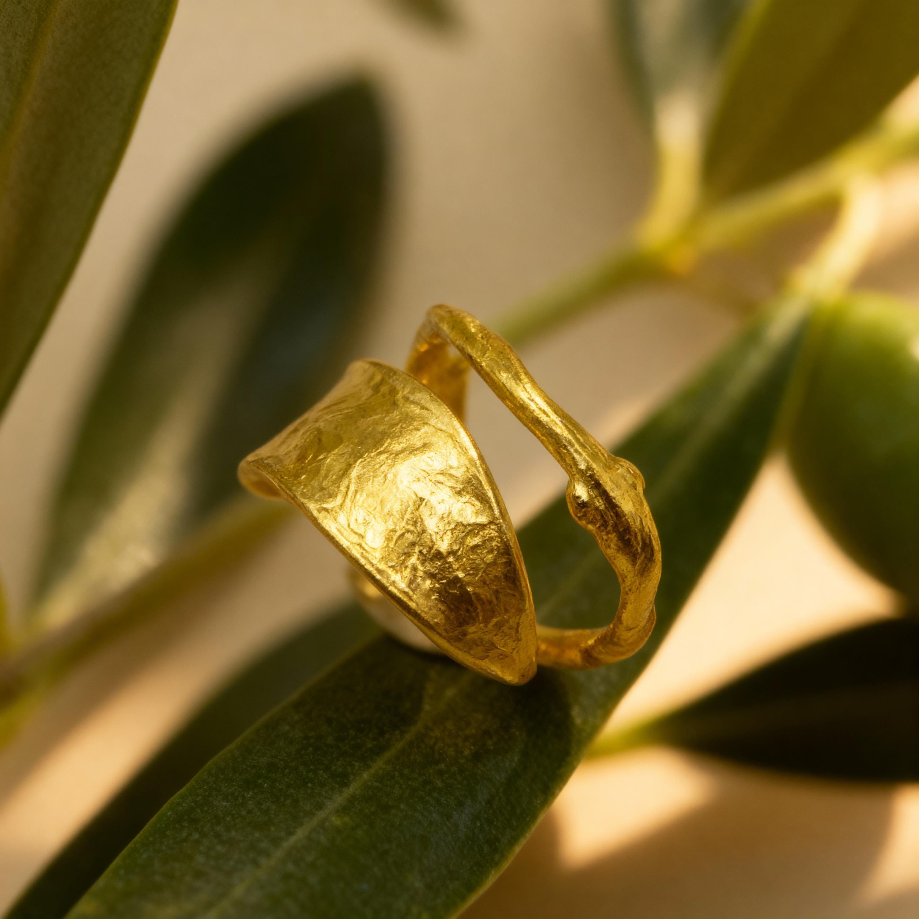 Gold Olive Branch Ring, Handmade Nature Jewelry, Organic Tree Leaf, Gift for Success & Health, Eco Sustainable Sterling Silver 925