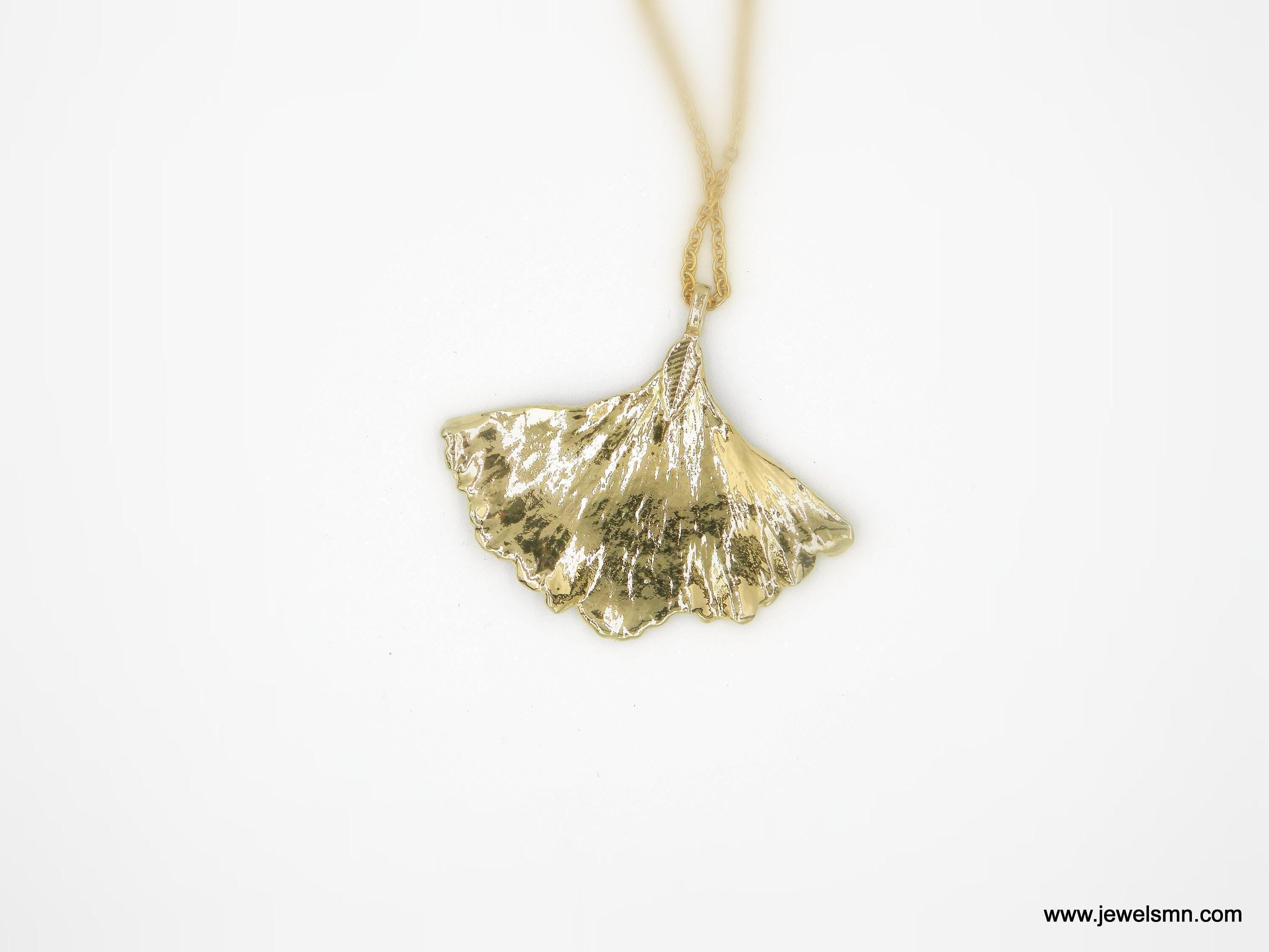 Gold Ginkgo Biloba Leaf Necklace, Handmade Nature Jewelry, Organic Forest Pendant, Gift for Success & Health, Eco Sustainable Brass
